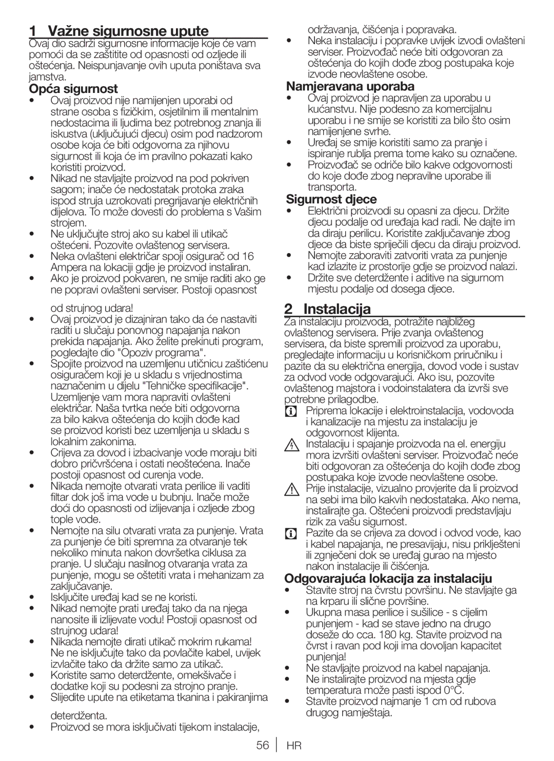 Blomberg WNF 8422, WNF 8402, ZE20, AE20, WE20, SQE20, AQE20 user manual Važne sigurnosne upute, Instalacija 