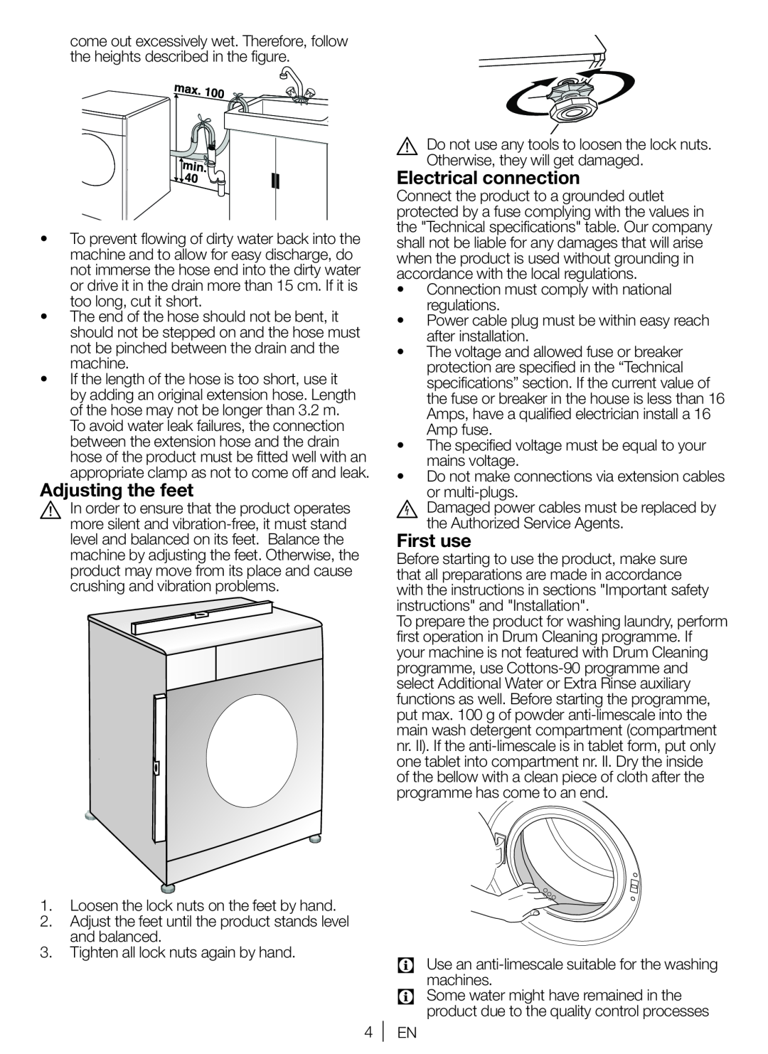 Blomberg WE20, WNF 8422, WNF 8402, ZE20, AE20, SQE20, AQE20 user manual Adjusting the feet, Electrical connection, First use 