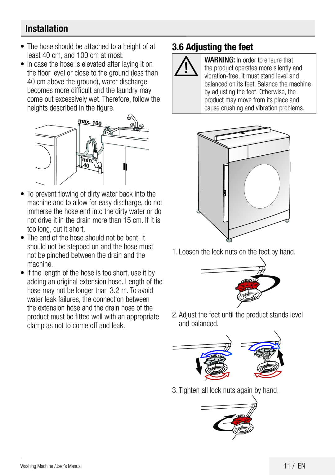 Blomberg WNF 8441 AE20 user manual Adjusting the feet, 11 / EN 