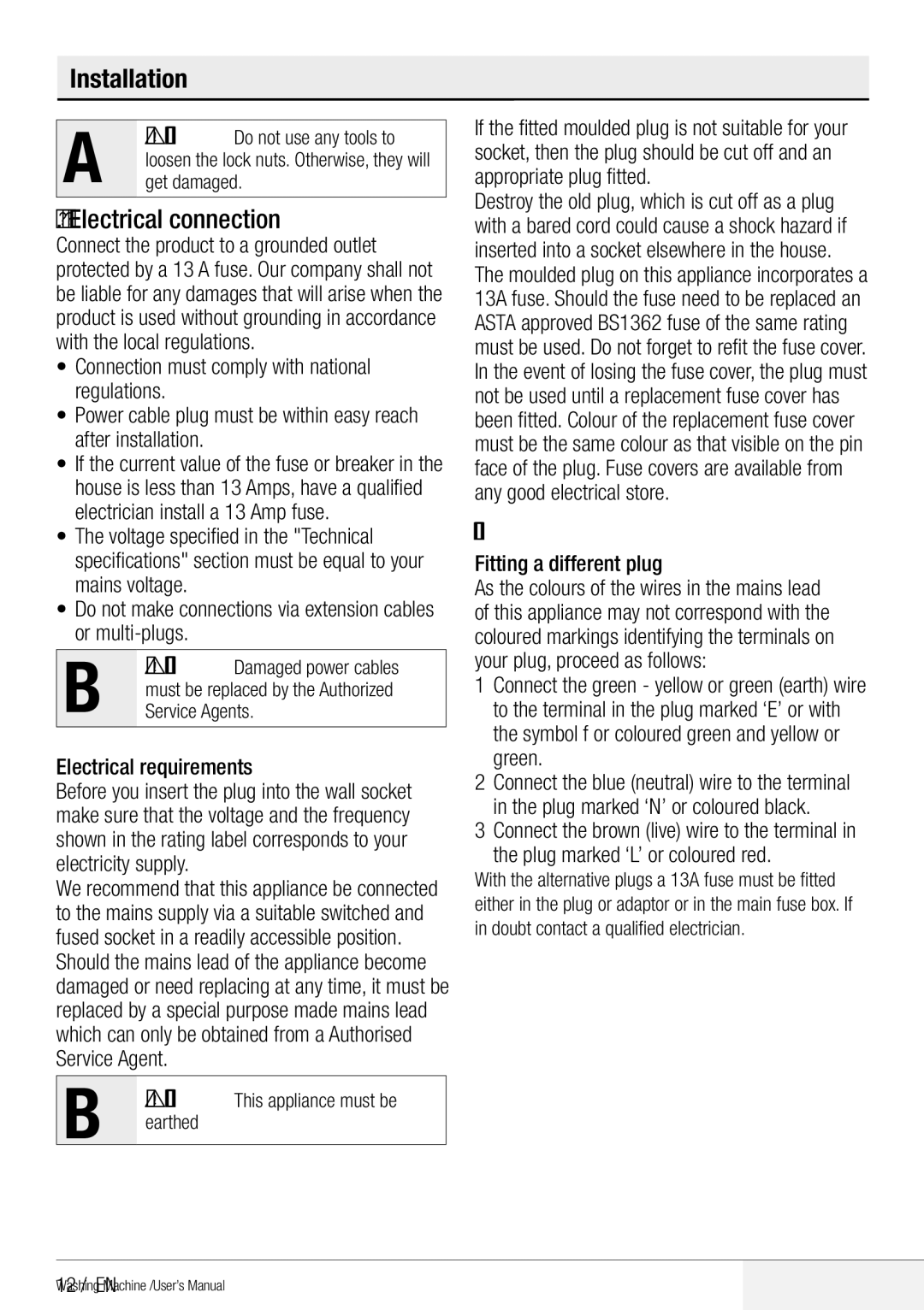 Blomberg WNF 8441 AE20 user manual Installation Electrical connection, Fitting a different plug, 12 / EN 