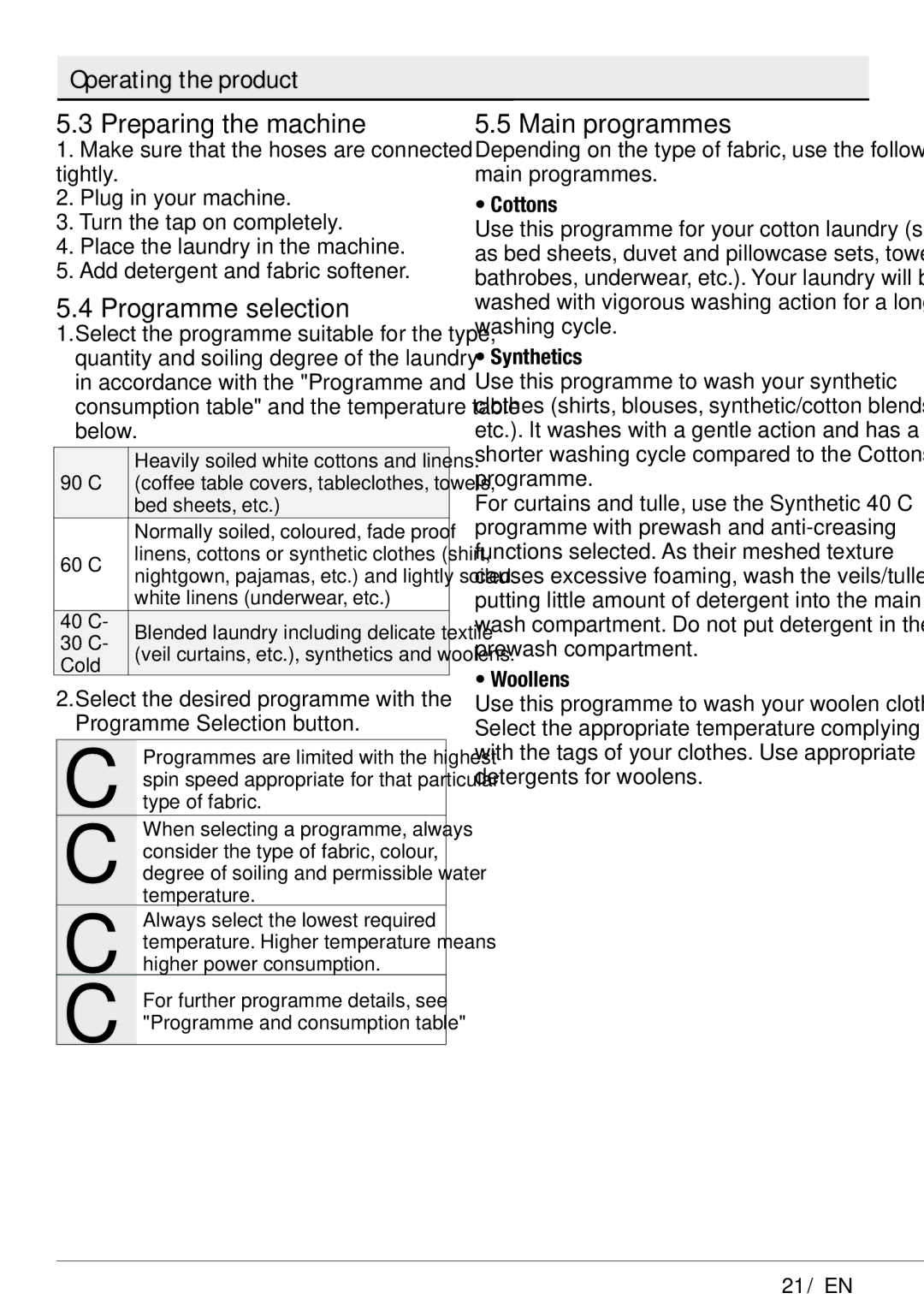 Blomberg WNF 8441 AE20 user manual Operating the product Preparing the machine, Programme selection, Main programmes 