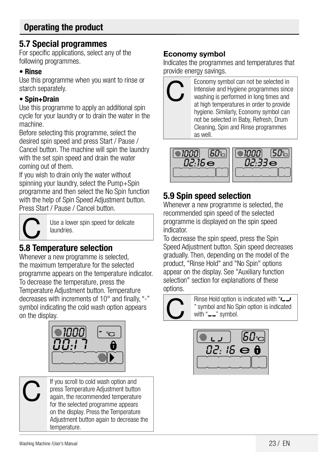 Blomberg WNF 8441 AE20 Operating the product Special programmes, Temperature selection, Spin speed selection, 23 / EN 