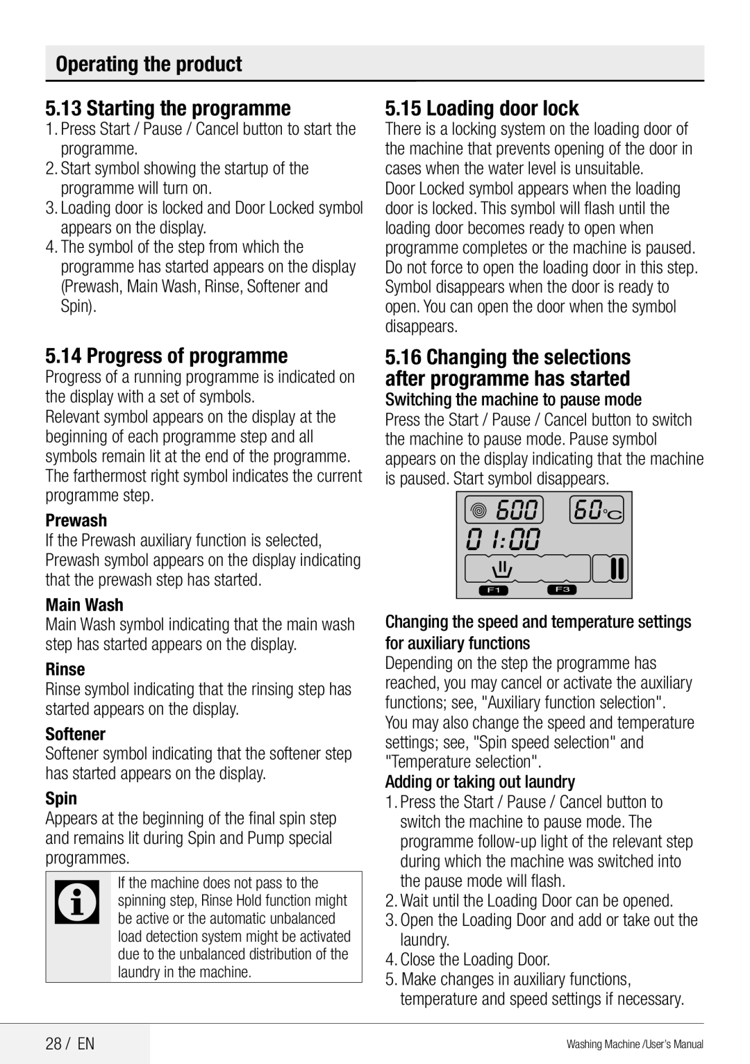 Blomberg WNF 8441 AE20 user manual Operating the product Starting the programme, Progress of programme, Loading door lock 