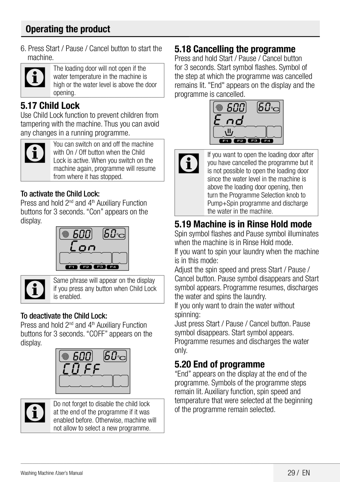 Blomberg WNF 8441 AE20 user manual Child Lock, Cancelling the programme, Machine is in Rinse Hold mode, End of programme 