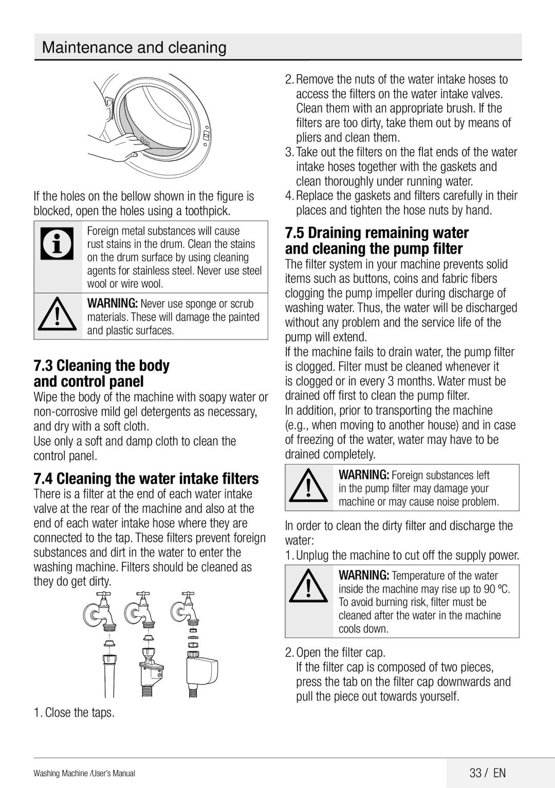 Blomberg WNF 8441 AE20 Maintenance and cleaning, Cleaning the water intake filters, Cleaning the body and control panel 