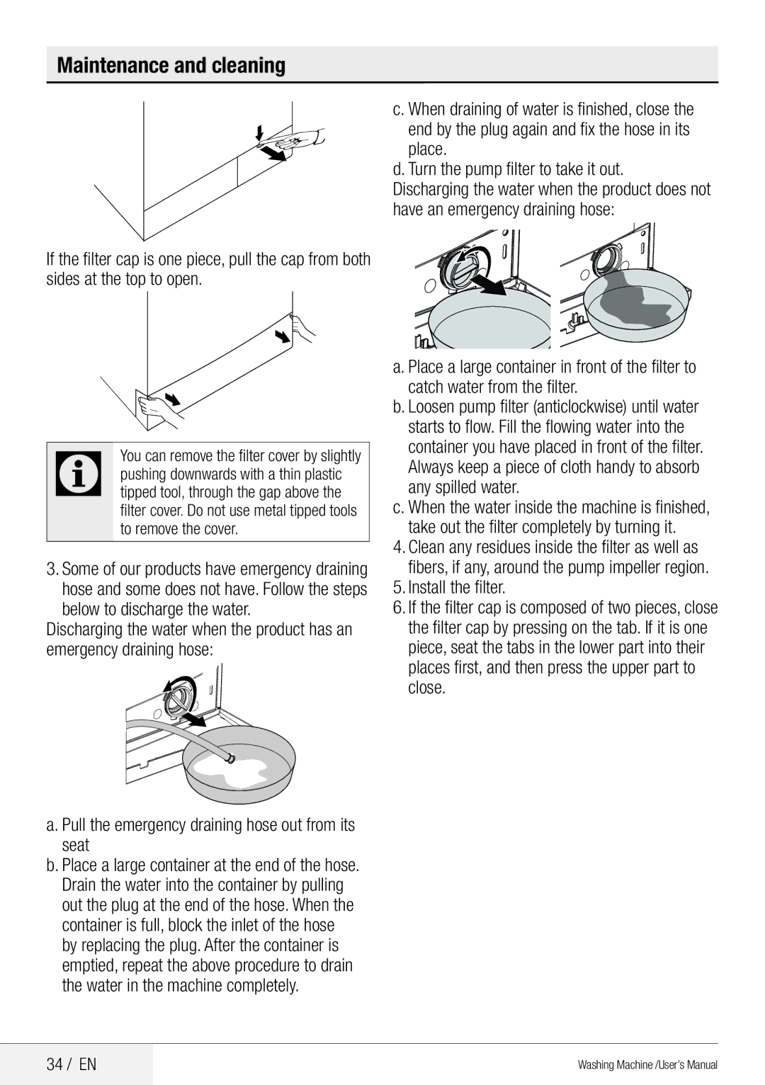 Blomberg WNF 8441 AE20 user manual Pull the emergency draining hose out from its seat, Install the filter, 34 / EN 