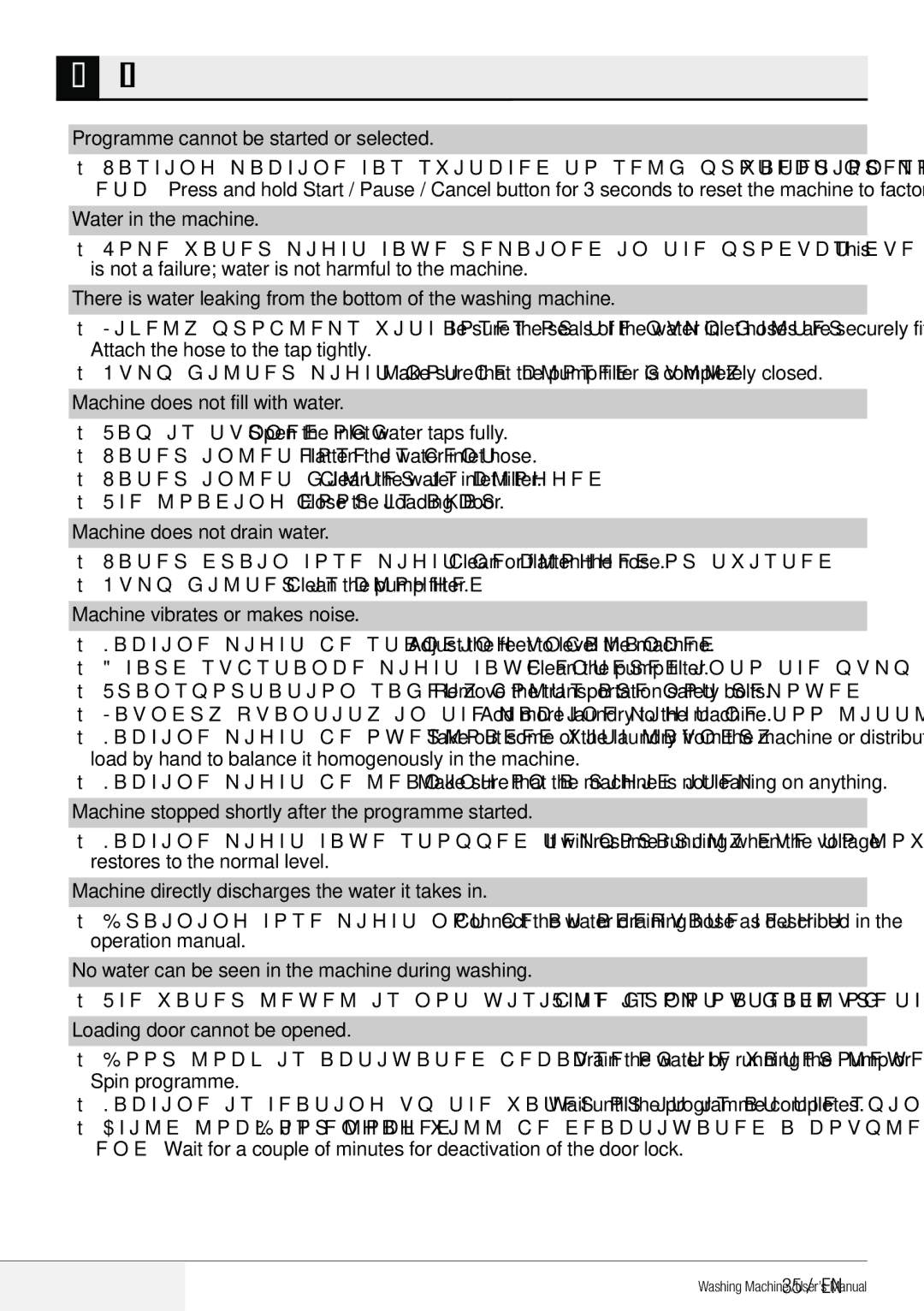 Blomberg WNF 8441 AE20 Troubleshooting, 35 / EN, Programme cannot be started or selected, Machine does not fill with water 