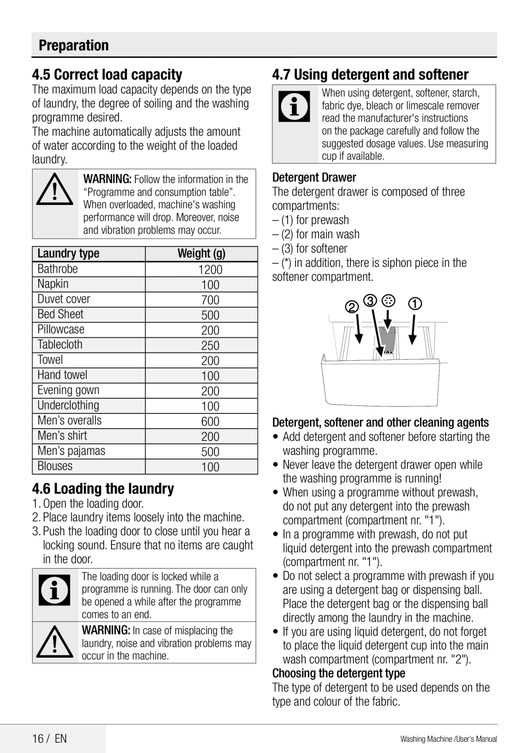 Blomberg WNF 8441 AE20 user manual Preparation 4.5 Correct load capacity, Loading the laundry, Using detergent and softener 