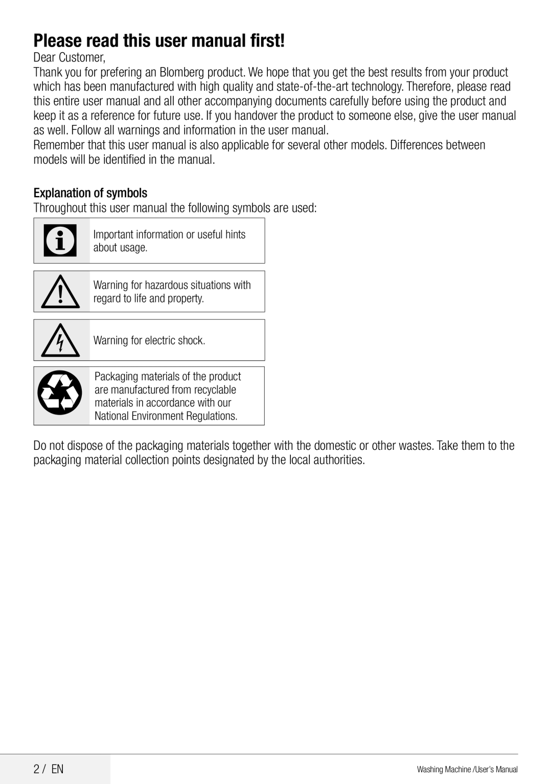 Blomberg WNF 8441 AE20 Please read this user manual first, Dear Customer, Explanation of symbols, 2 / EN 