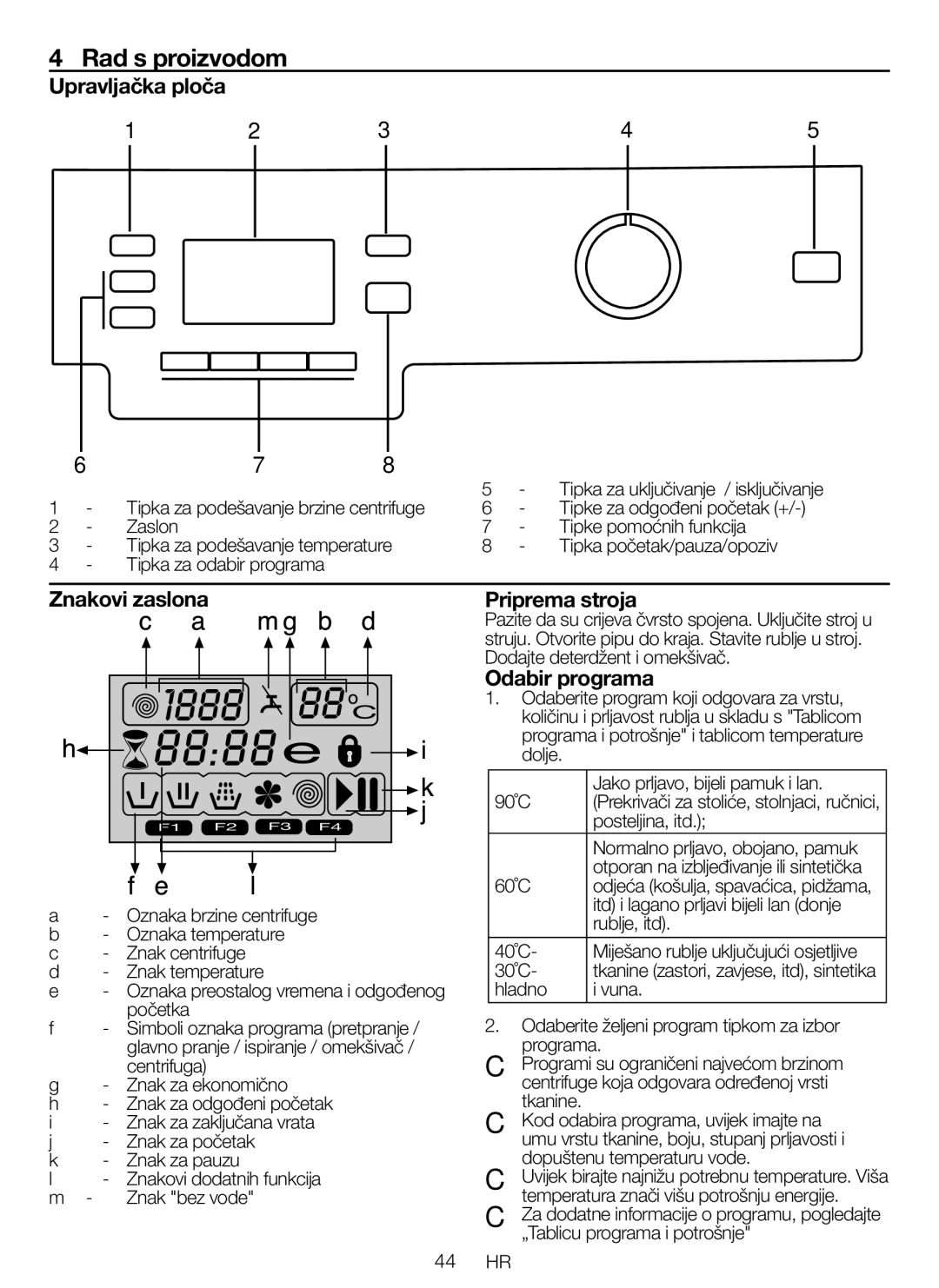 Blomberg WNF 8467 ACE 40 user manual Rad s proizvodom, Upravljačka ploča, Znakovi zaslona, Priprema stroja, Odabir programa 