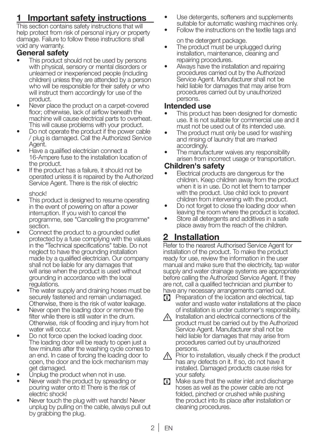 Blomberg WNF 8447 RCE30 Important safety instructions, Installation, General safety, Intended use, Childrens safety 