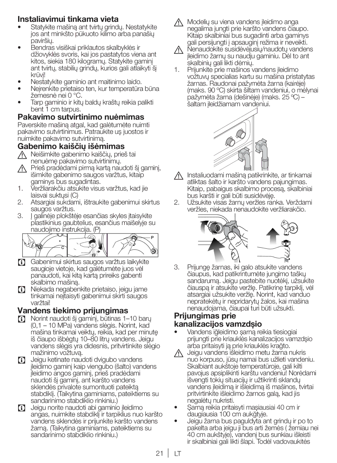 Blomberg WNF 8447 RCE30 user manual Instaliavimui tinkama vieta, Pakavimo sutvirtinimo nuėmimas, Gabenimo kaiščių išėmimas 