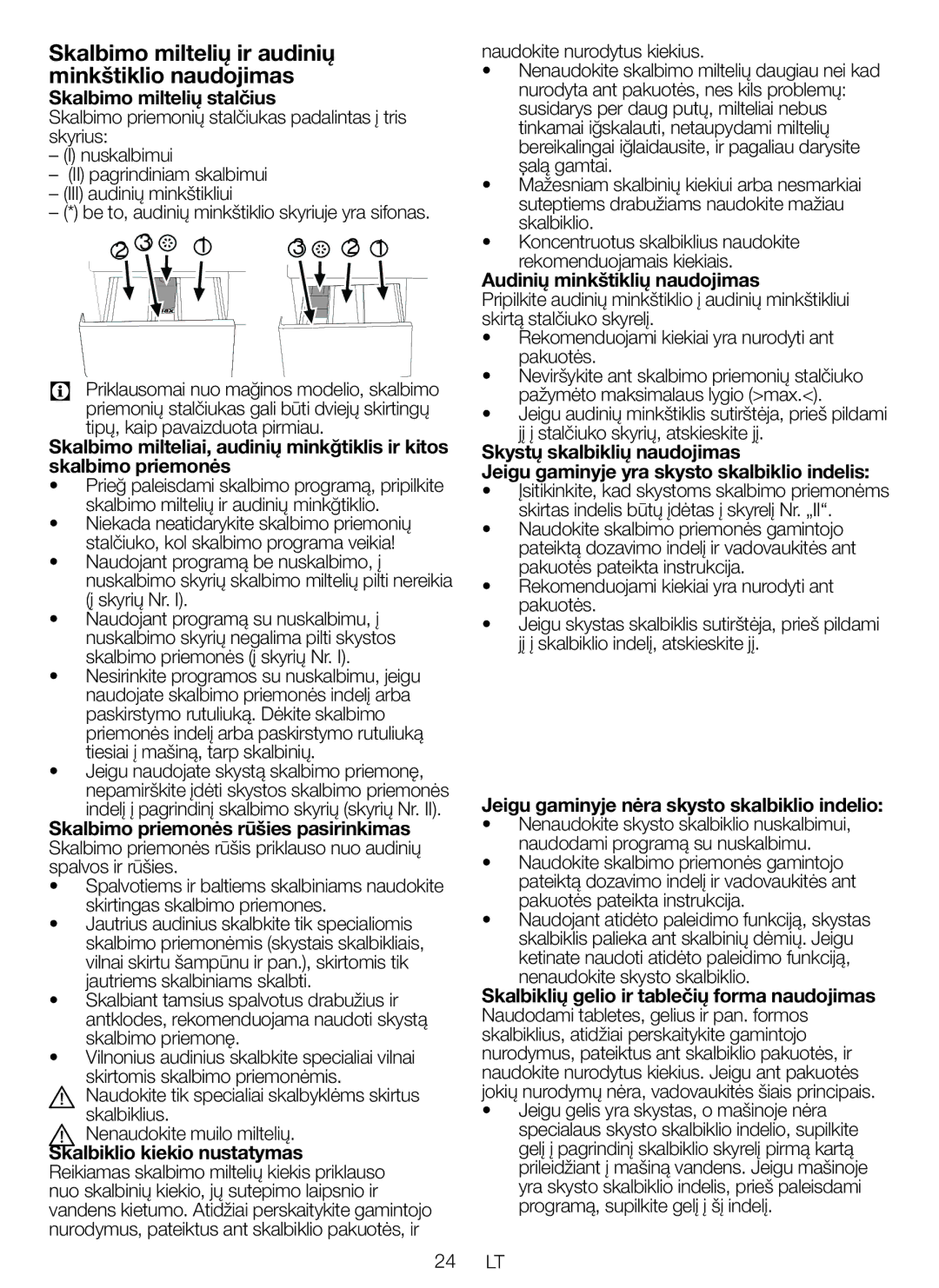 Blomberg WNF 8447 RCE30 user manual Skalbimo miltelių ir audinių minkštiklio naudojimas 