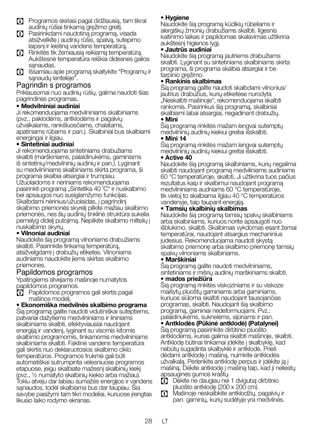 Blomberg WNF 8447 RCE30 user manual Pagrindinės programos, Papildomos programos 