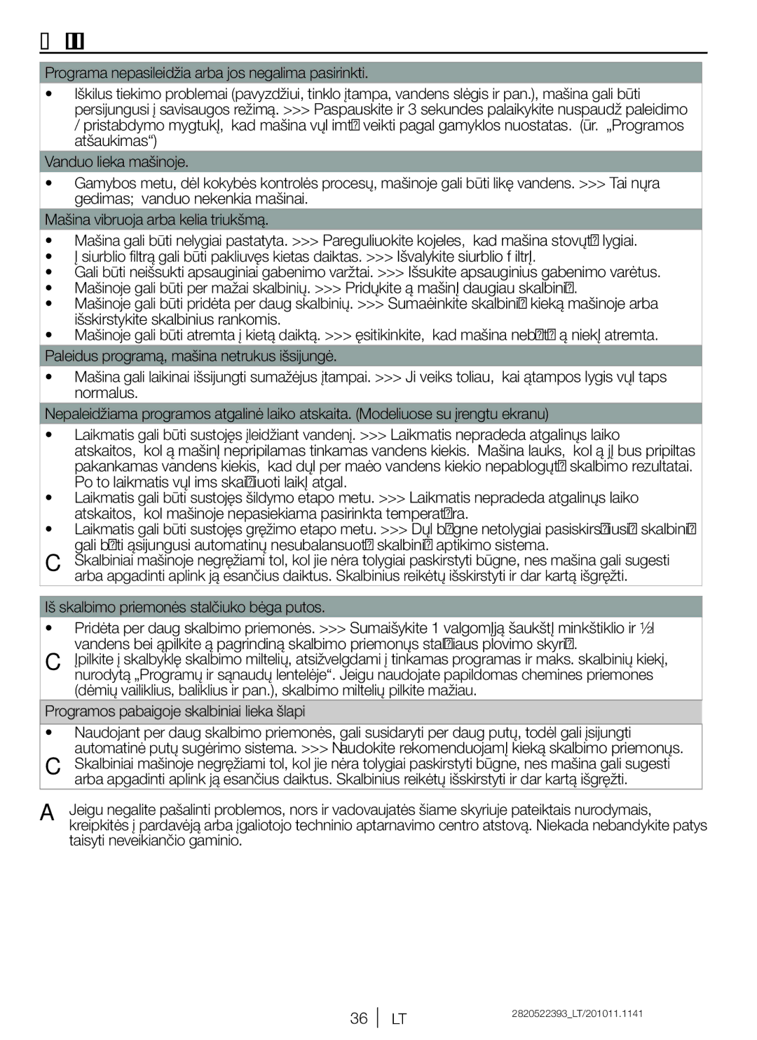 Blomberg WNF 8447 RCE30 user manual Trikčių šalinimas, Iš skalbimo priemonės stalčiuko bėga putos 