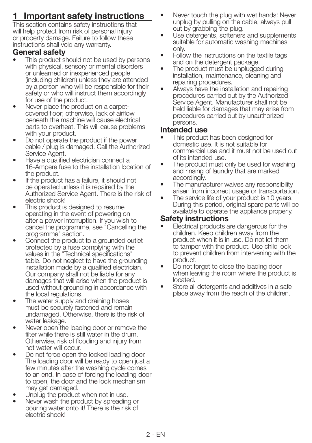 Blomberg WNF 8543 AE20 manual Important safety instructions, General safety, Intended use, Safety instructions 