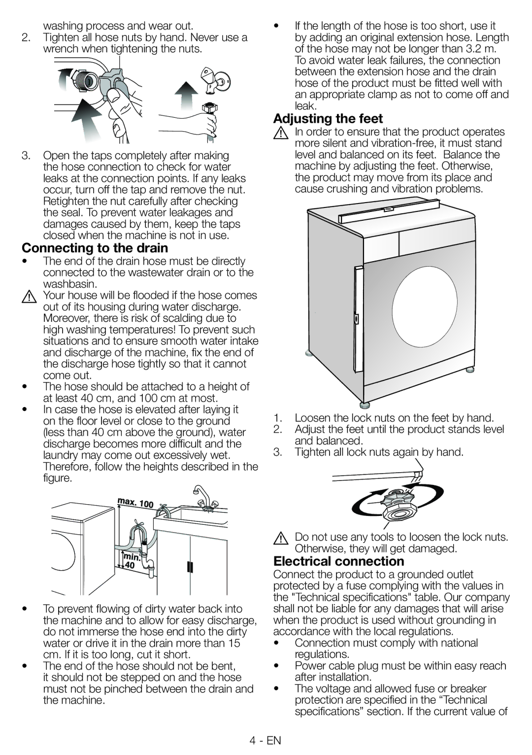 Blomberg WNF 8543 AE20 manual Connecting to the drain, Adjusting the feet, Electrical connection 