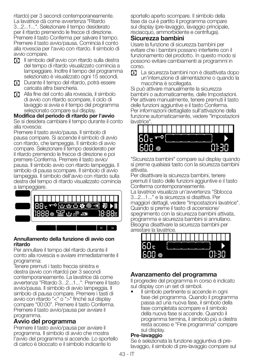 Blomberg WNF 8543 AE20 manual Avvio del programma, Sicurezza bambini, Avanzamento del programma 