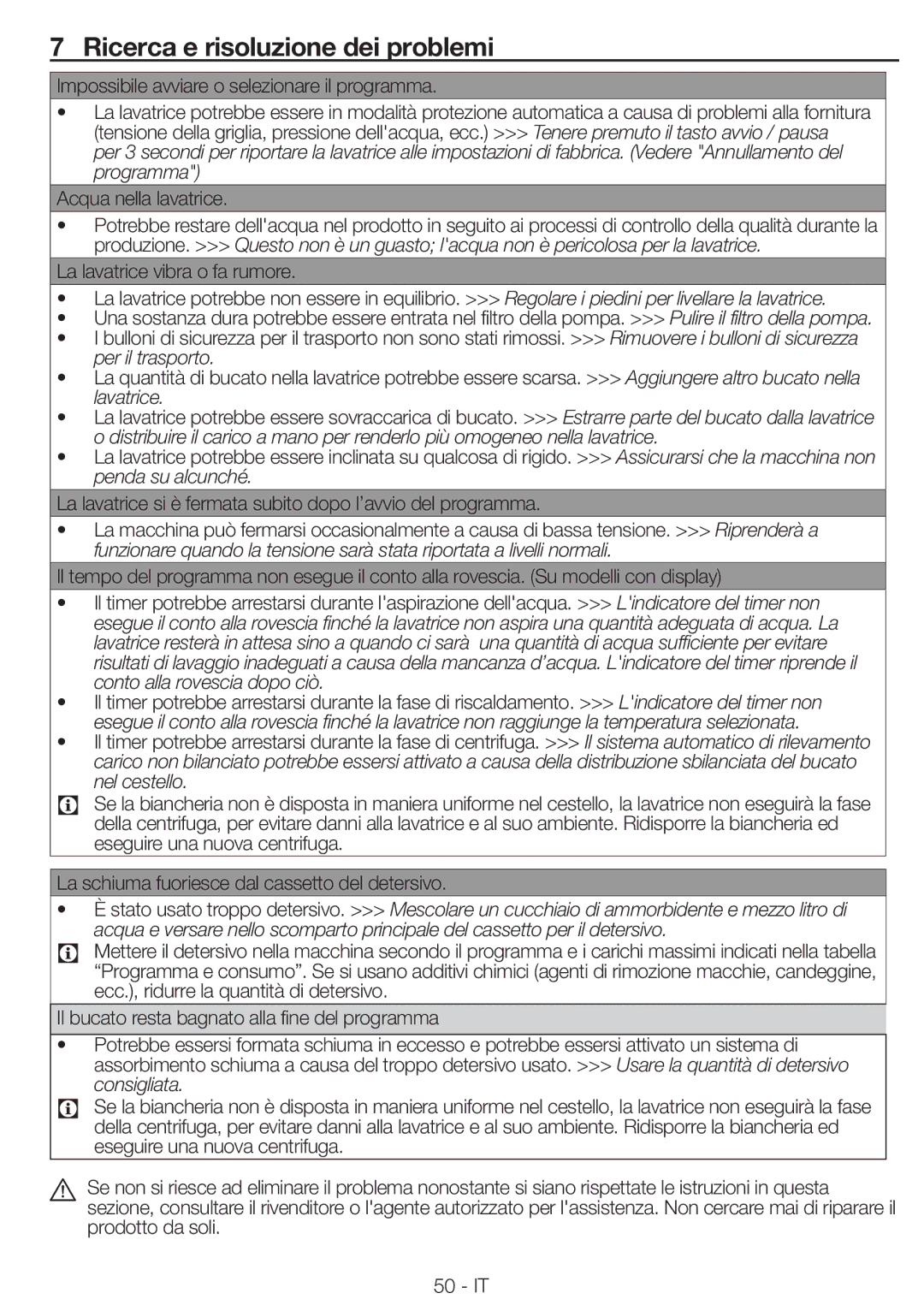 Blomberg WNF 8543 AE20 manual Ricerca e risoluzione dei problemi, La lavatrice vibra o fa rumore 