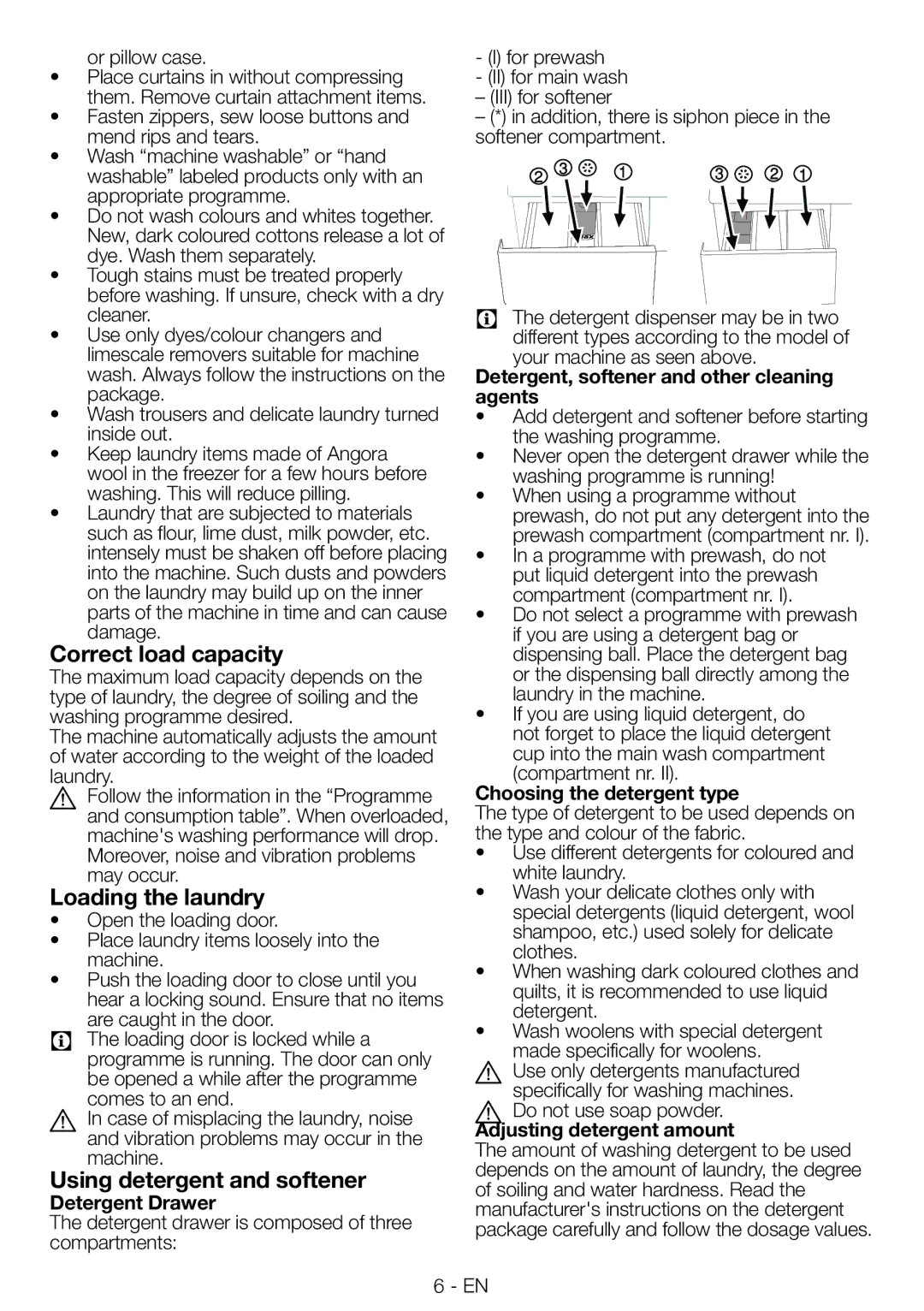 Blomberg WNF 8543 AE20 manual Correct load capacity, Loading the laundry, Using detergent and softener 