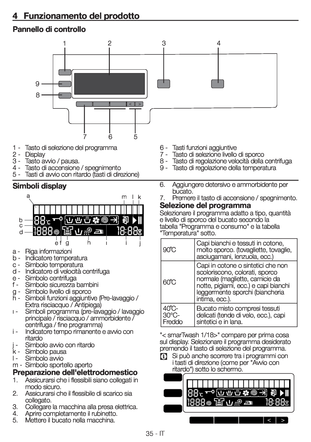 Blomberg WNF 8543 AE20 Funzionamento del prodotto, Pannello di controllo, Simboli display, Selezione del programma, 88 o c 