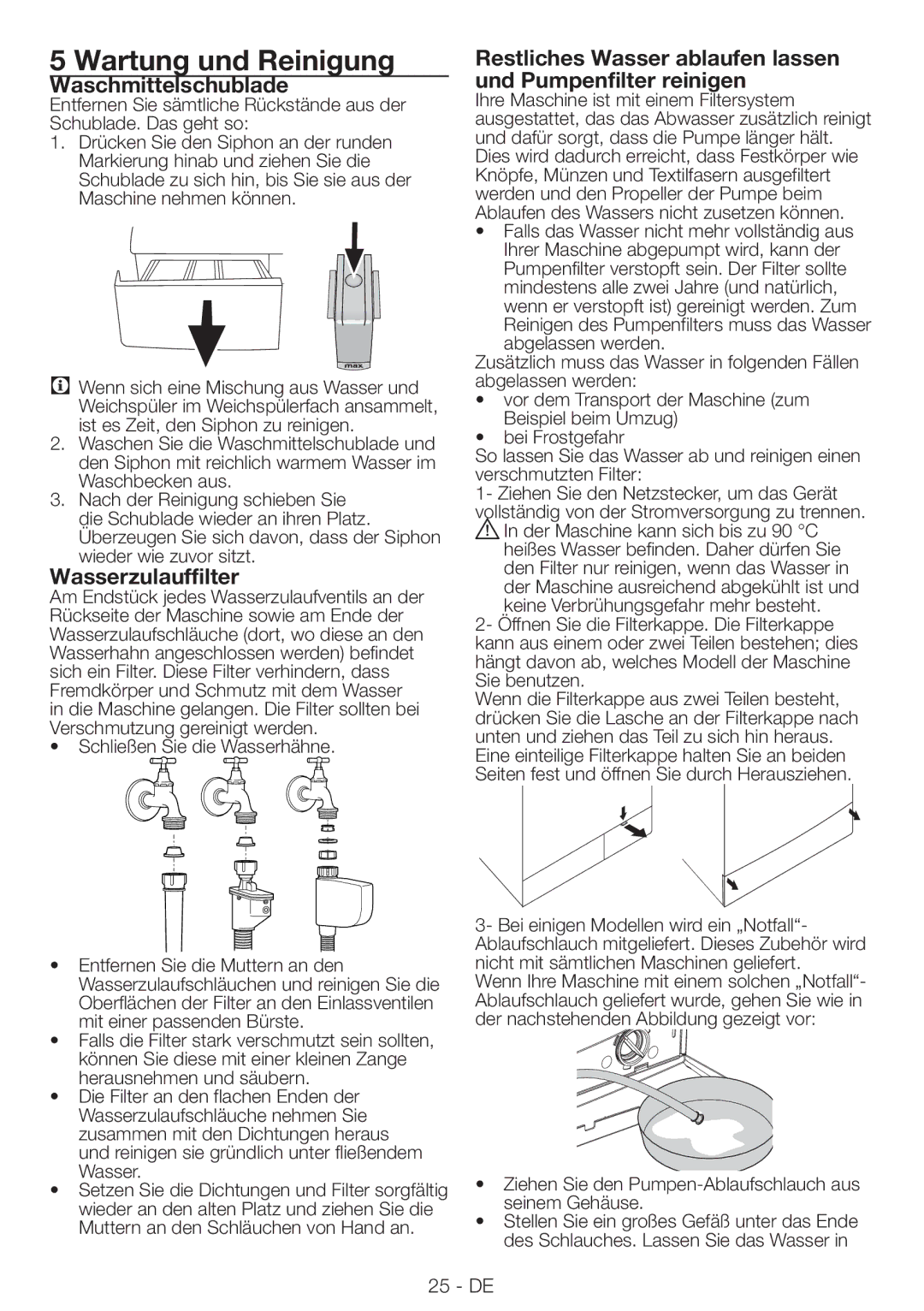 Blomberg WNF 9422 C20, WNF 9402 C20 user manual Wartung und Reinigung, Waschmittelschublade, Wasserzulauffilter 