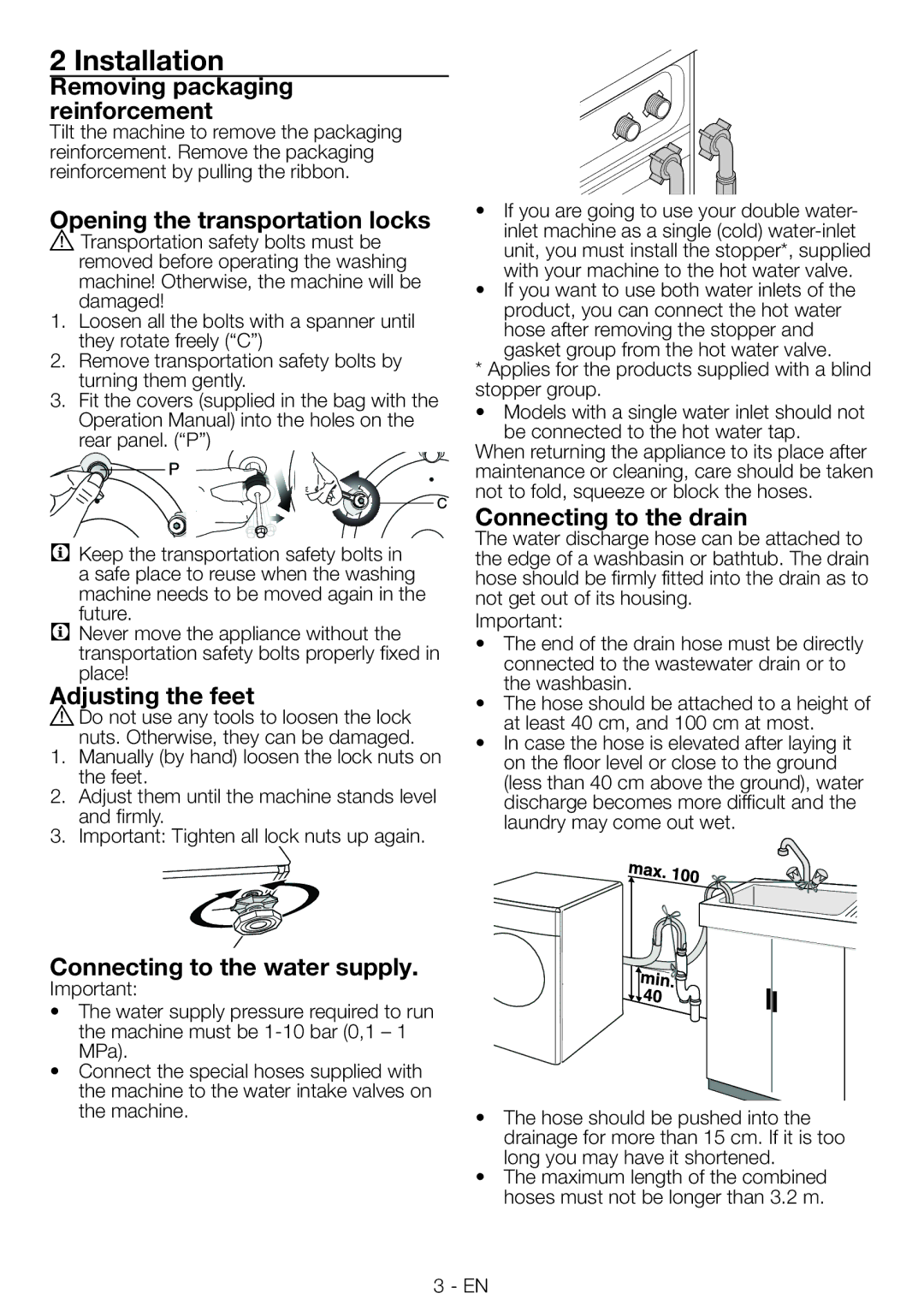 Blomberg WNF 9422 C20, WNF 9402 C20 user manual Installation 