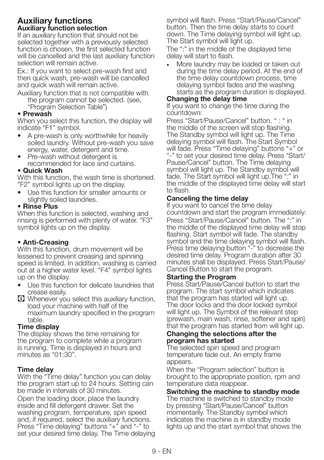 Blomberg WNF 9422 C20, WNF 9402 C20 user manual Auxiliary functions 