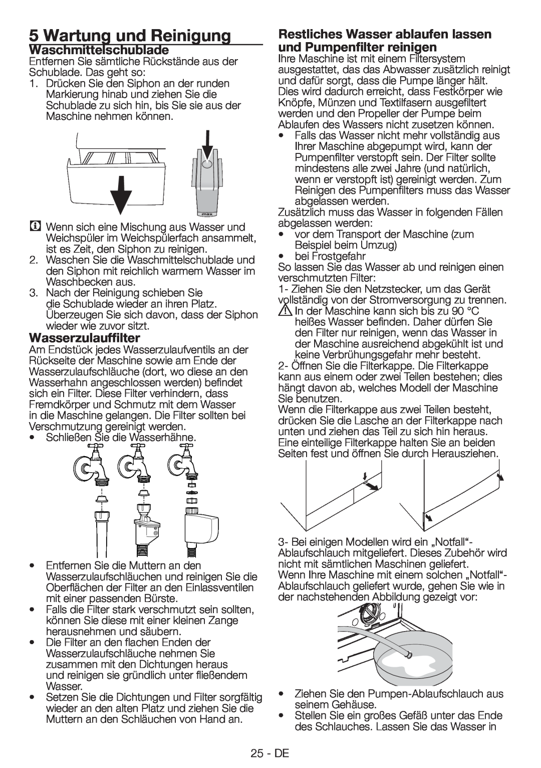 Blomberg WNF 9422 C20, WNF 9402 C20 user manual Wartung und Reinigung, Waschmittelschublade, Wasserzulauffilter 
