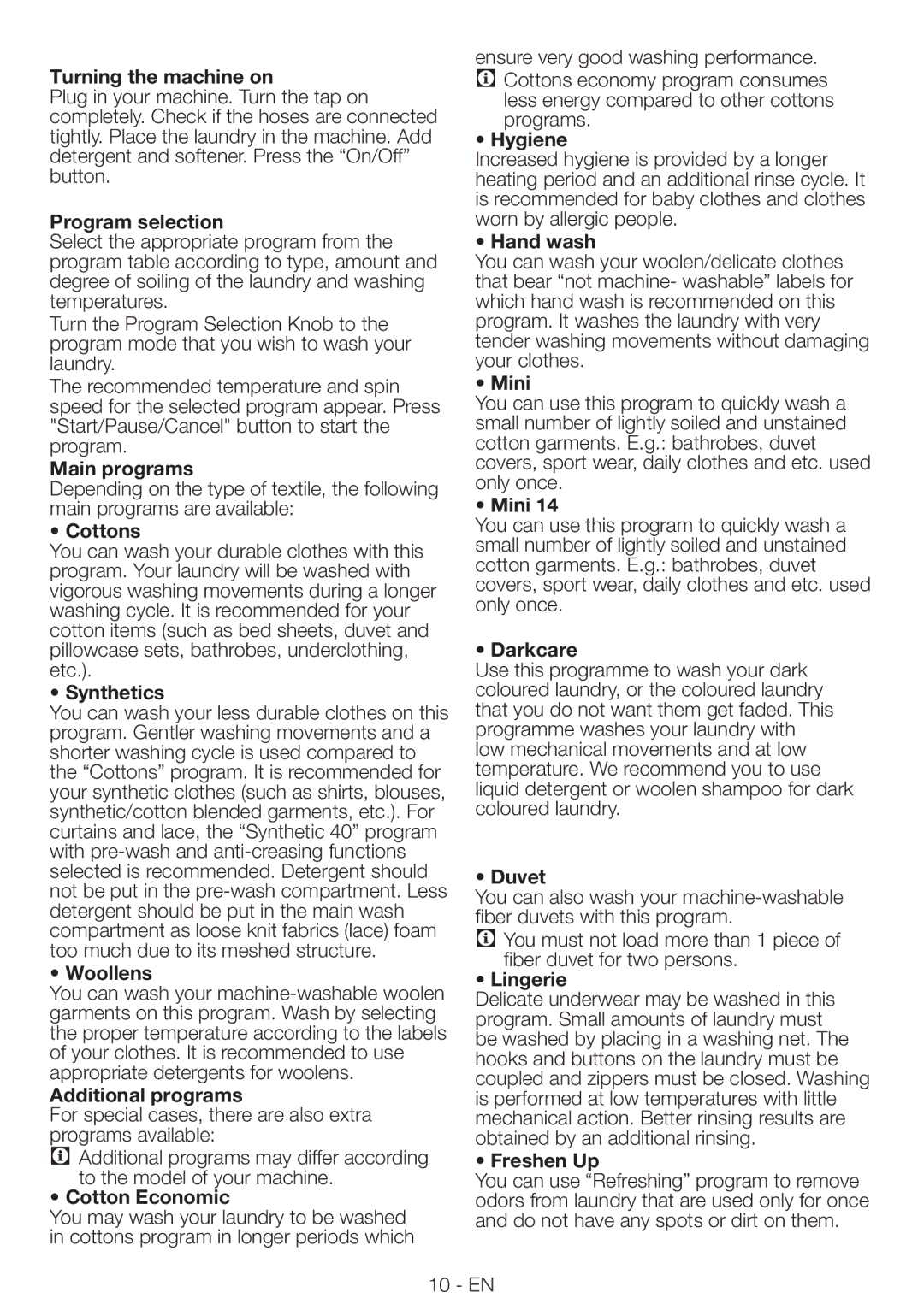 Blomberg WNF9422SC20 Turning the machine on, Program selection, Main programs, Cottons, Synthetics, Woollens, Hygiene 