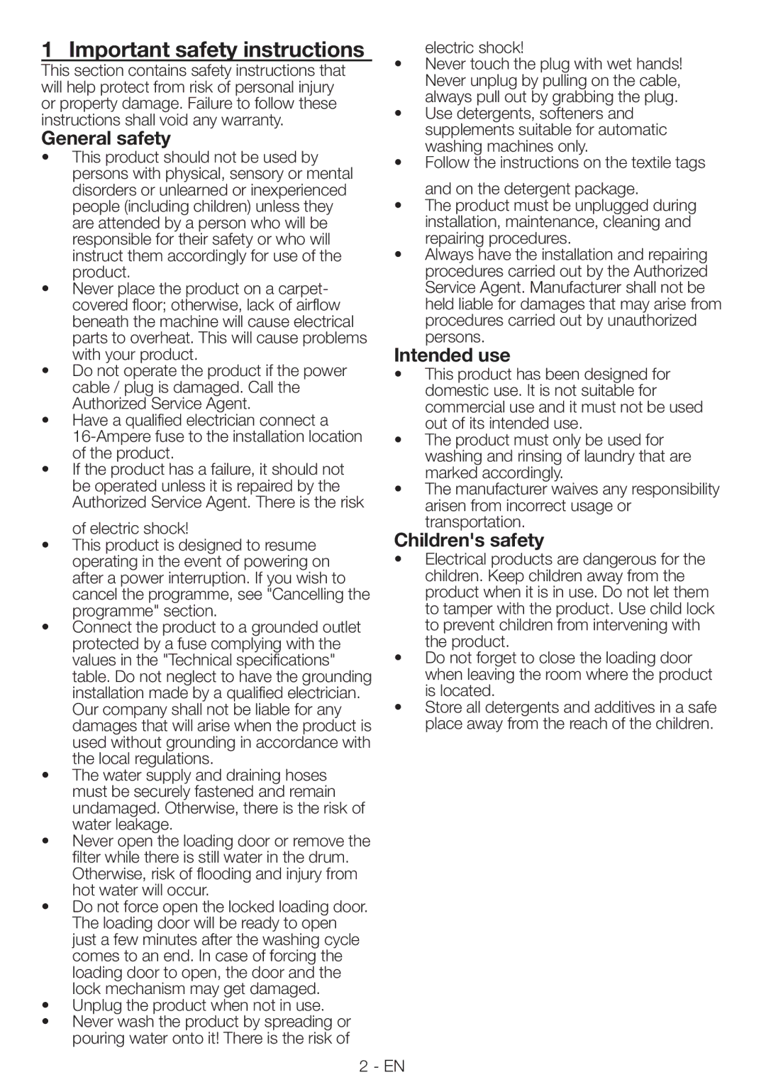 Blomberg WNF9422SC20 user manual Important safety instructions, General safety, Intended use, Childrens safety 