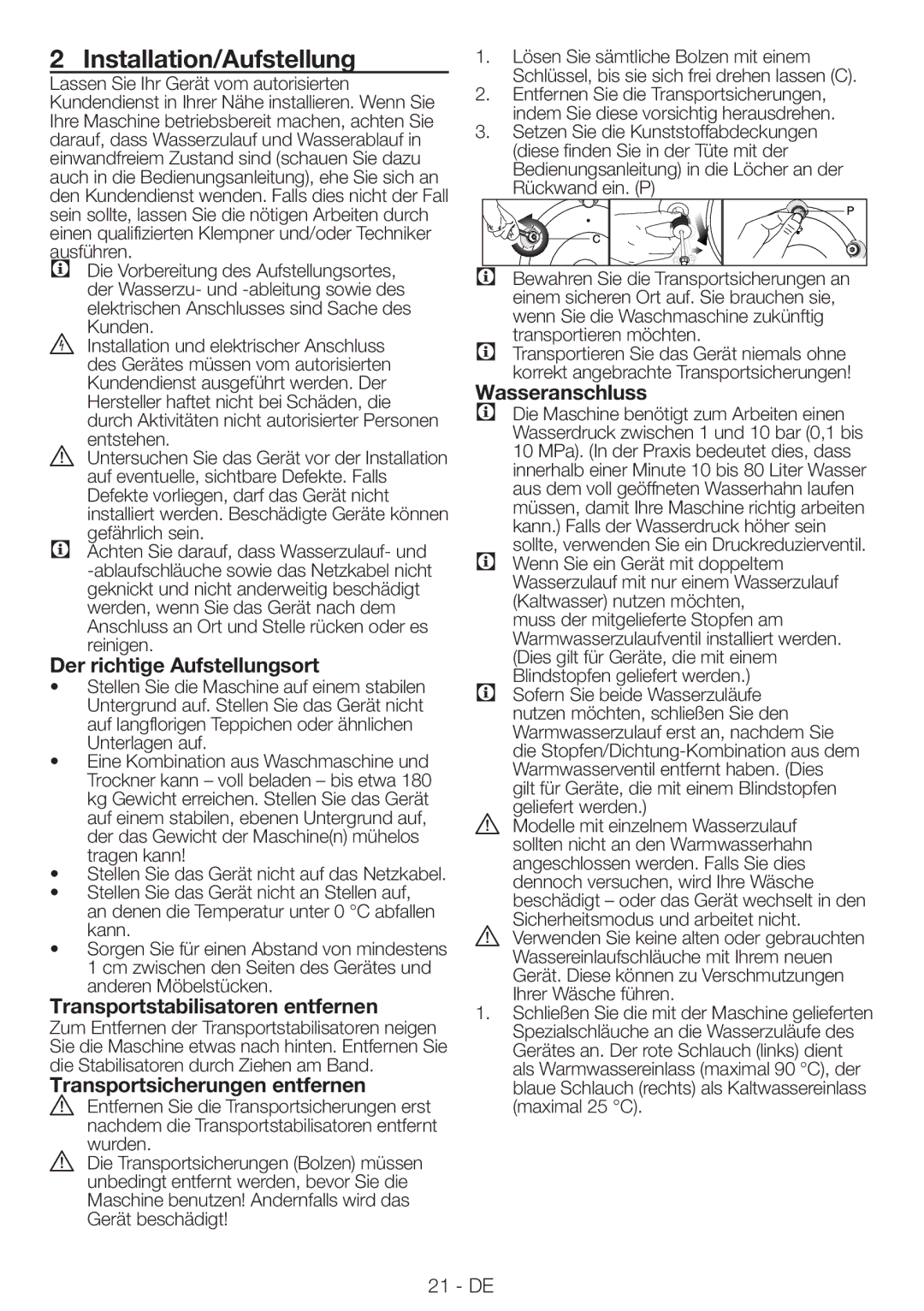 Blomberg WNF9422SC20 user manual Installation/Aufstellung, Der richtige Aufstellungsort, Transportstabilisatoren entfernen 