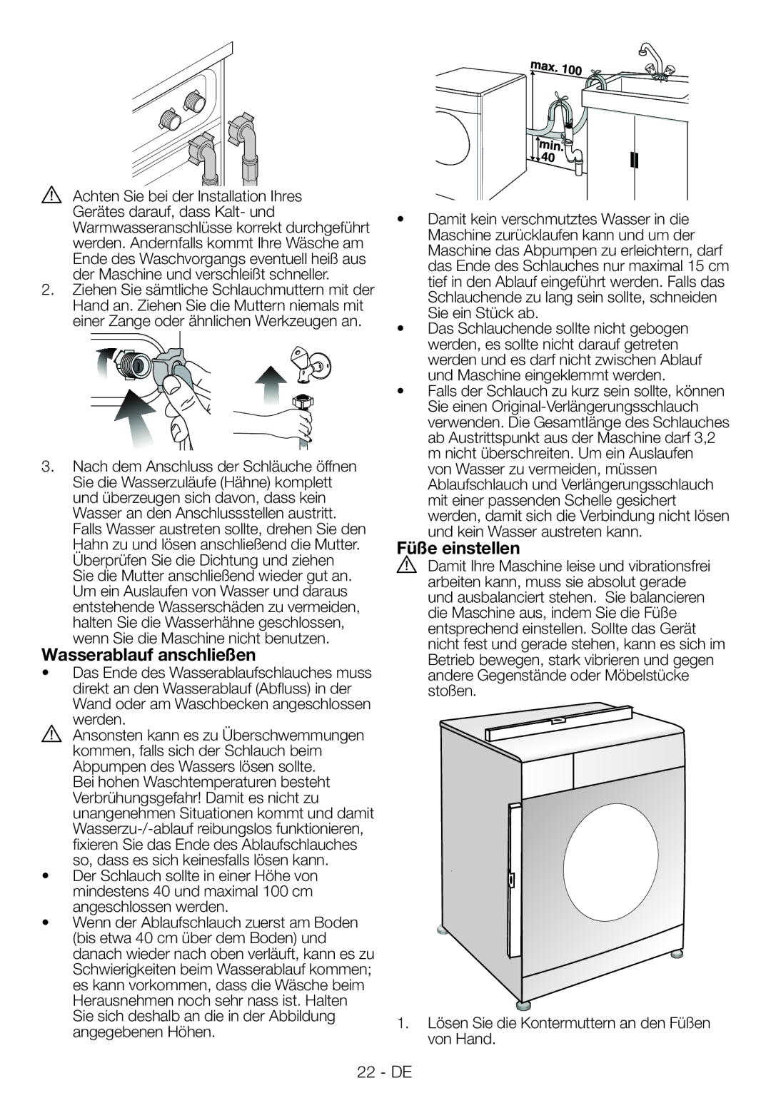 Blomberg WNF9422SC20 user manual Wasserablauf anschließen, Füße einstellen 