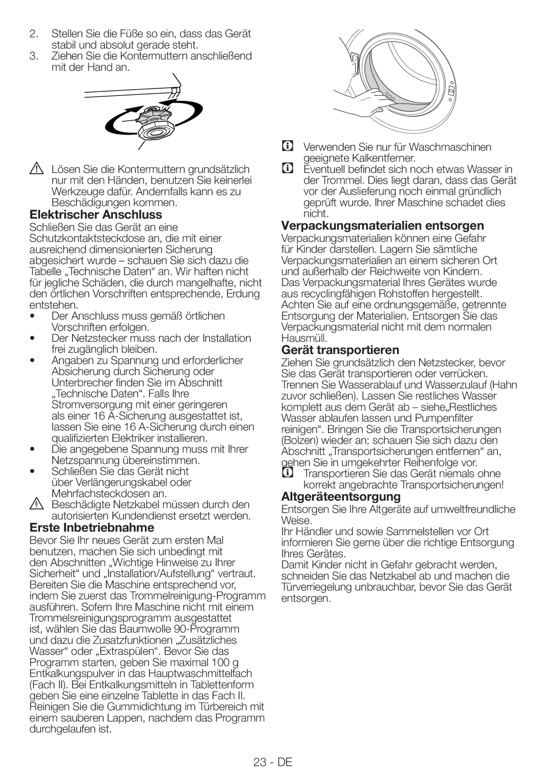 Blomberg WNF9422SC20 Elektrischer Anschluss, Erste Inbetriebnahme, Verpackungsmaterialien entsorgen, Gerät transportieren 