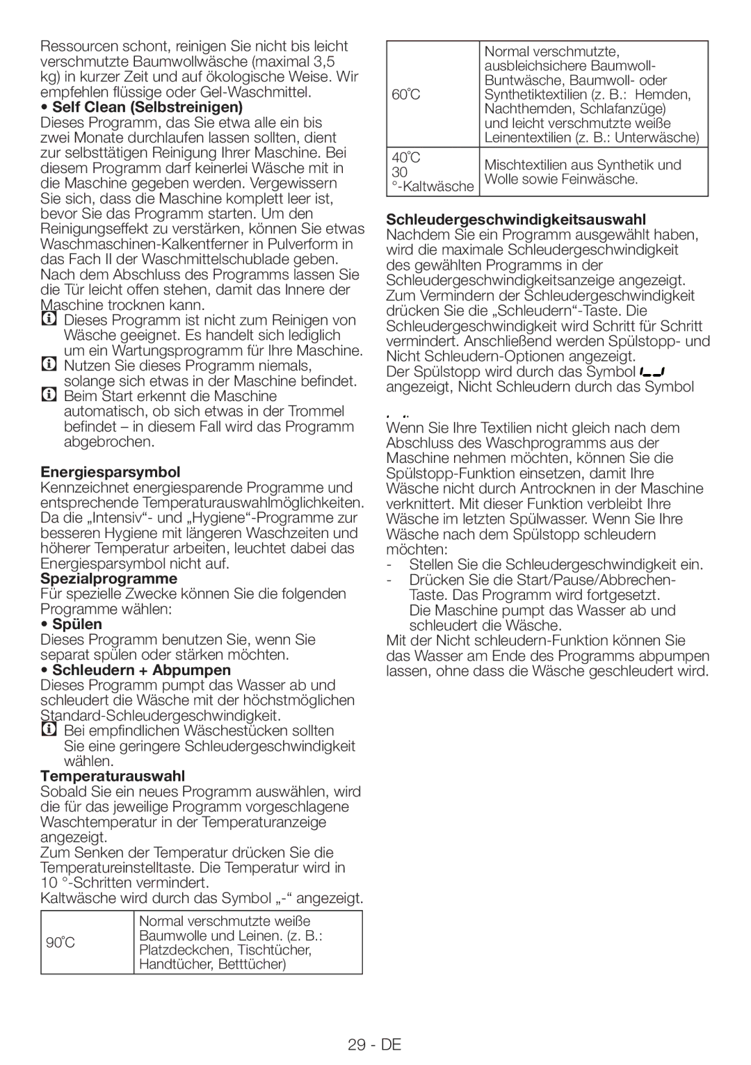 Blomberg WNF9422SC20 Self Clean Selbstreinigen, Energiesparsymbol, Spezialprogramme, Spülen, Schleudern + Abpumpen 