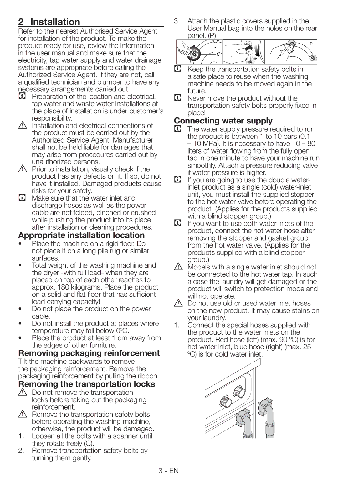 Blomberg WNF9422SC20 user manual Installation, Connecting water supply, Appropriate installation location 