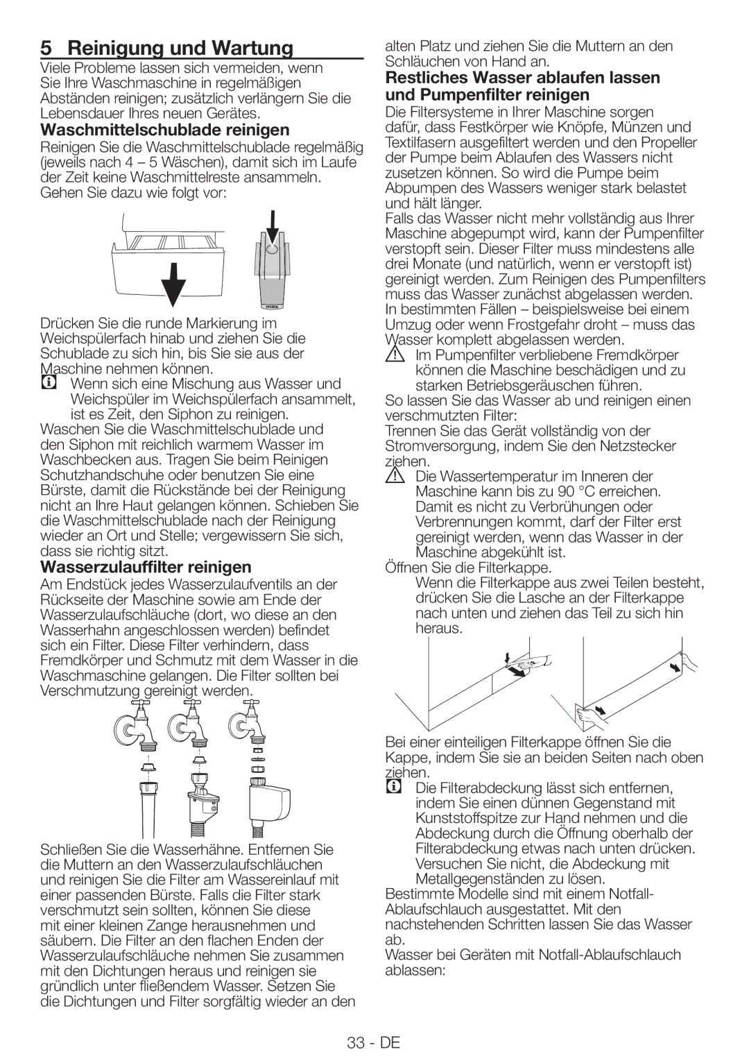 Blomberg WNF9422SC20 user manual Reinigung und Wartung, Waschmittelschublade reinigen, Wasserzulauffilter reinigen 