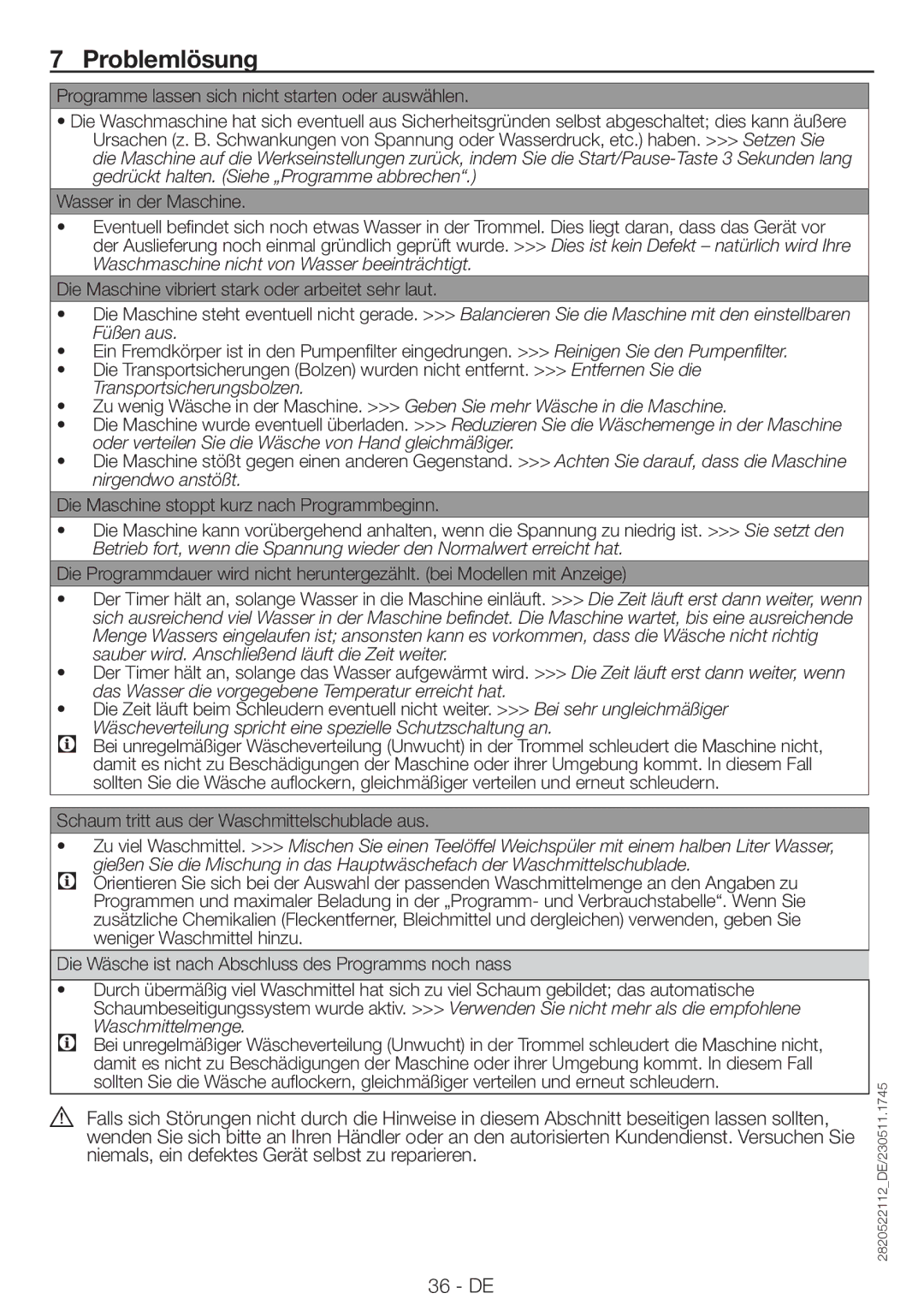 Blomberg WNF9422SC20 user manual Problemlösung, Programme lassen sich nicht starten oder auswählen 