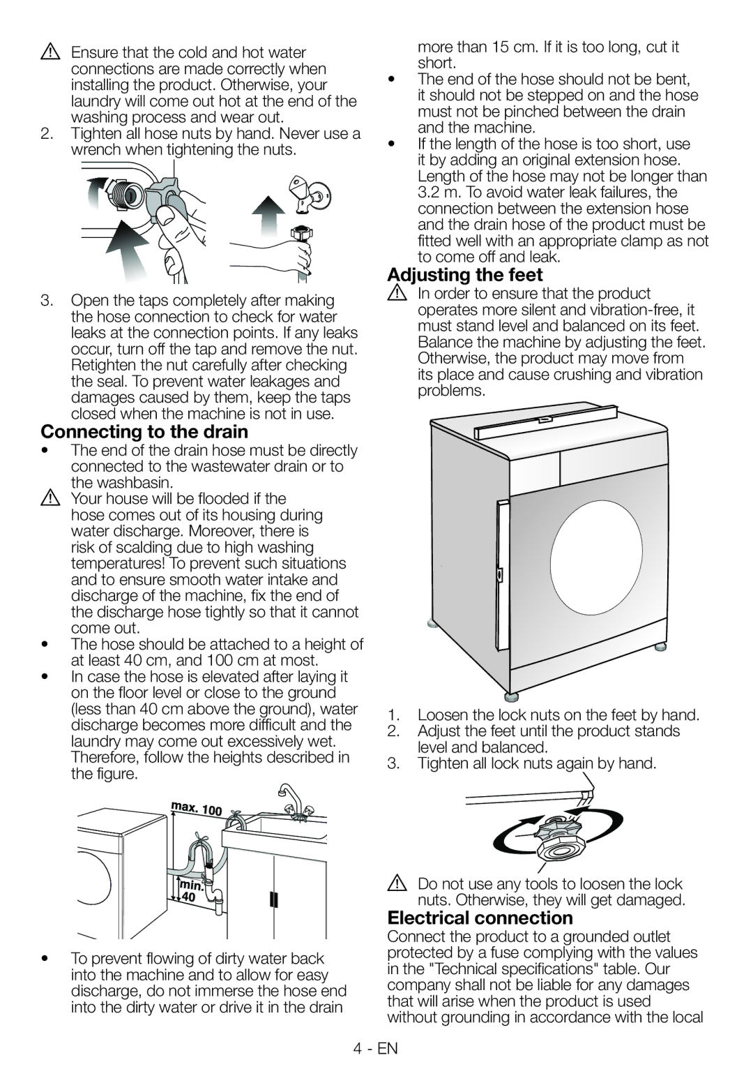 Blomberg WNF9422SC20 user manual Connecting to the drain, Adjusting the feet, Electrical connection 