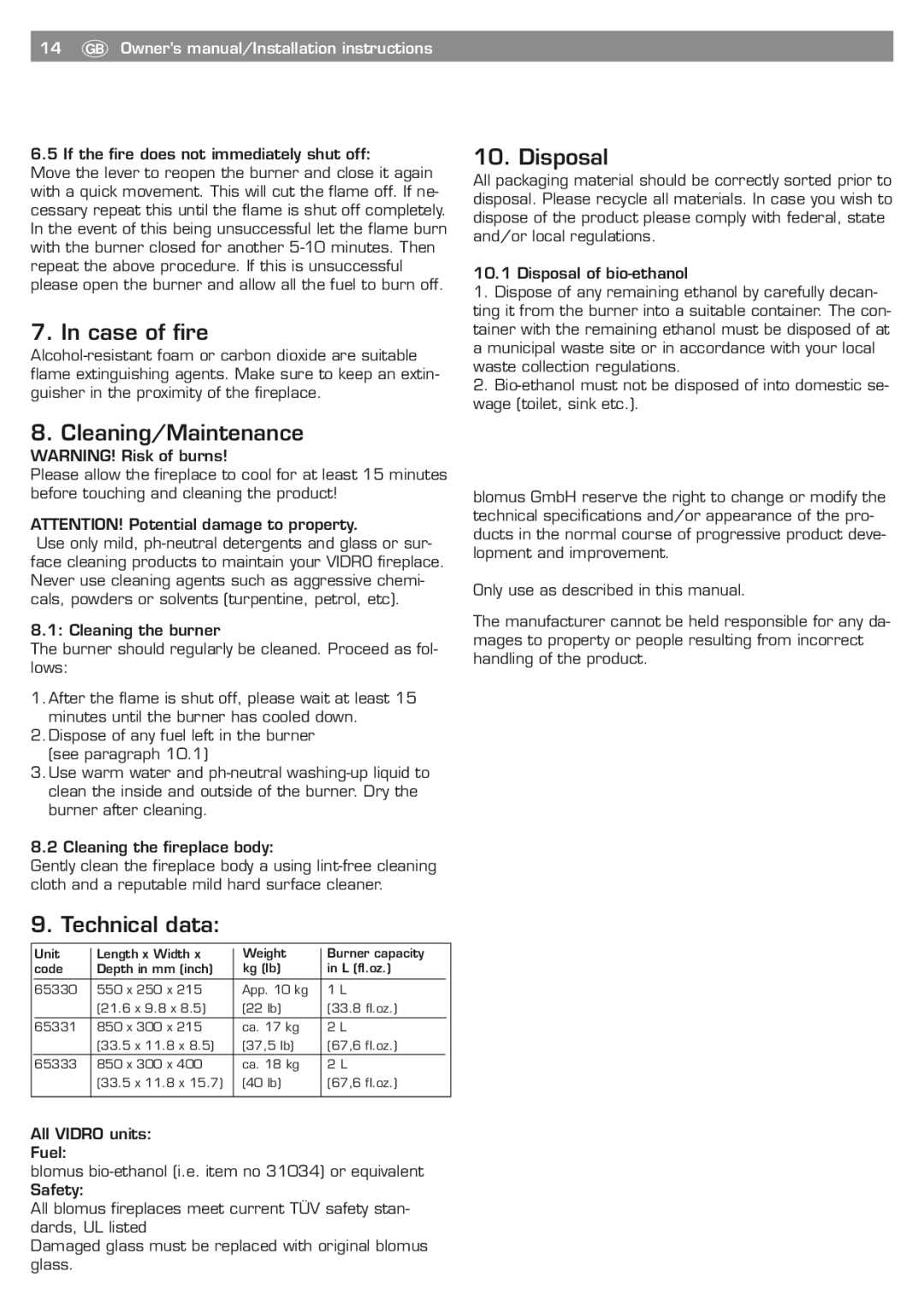 Blomus 65330 owner manual Case of fire, Cleaning/Maintenance, Technical data, Disposal 