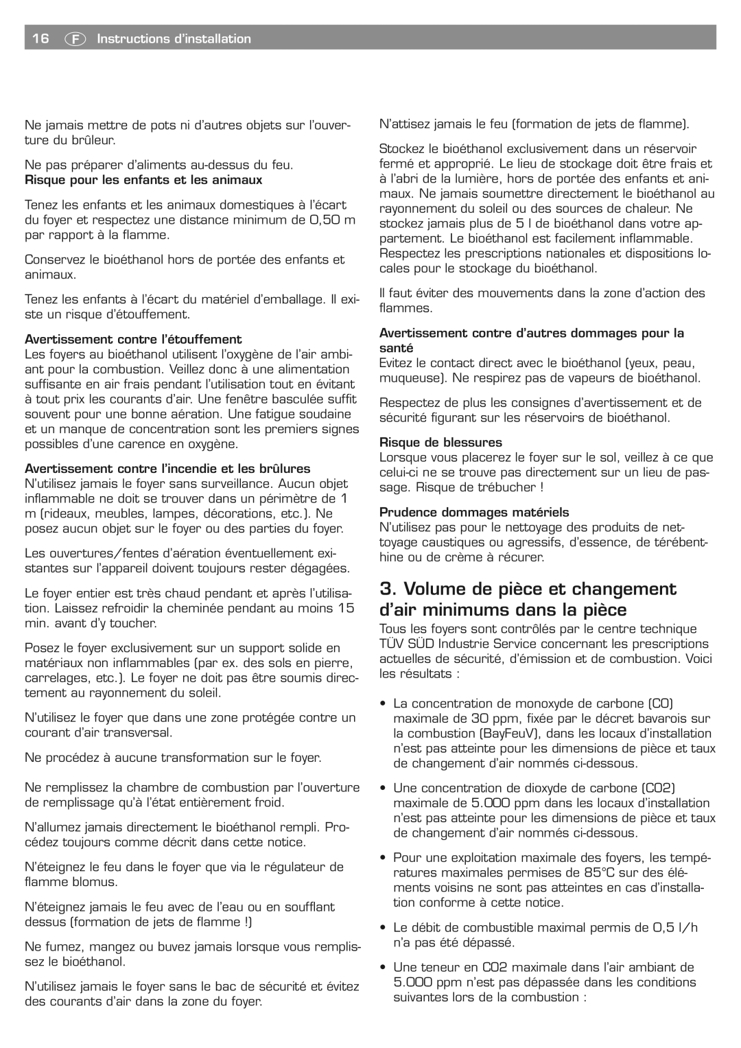 Blomus 65330 owner manual Volume de pièce et changement d’air minimums dans la pièce, 16 Ç Instructions d’installation 