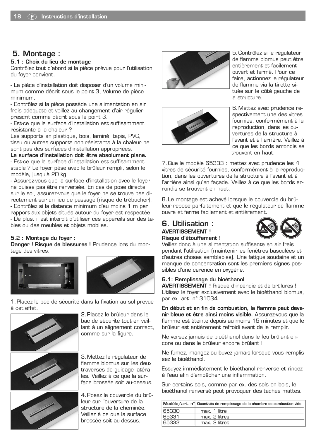 Blomus 65330 owner manual Montage, Utilisation, 18 Ç Instructions d’installation, Avertissement 