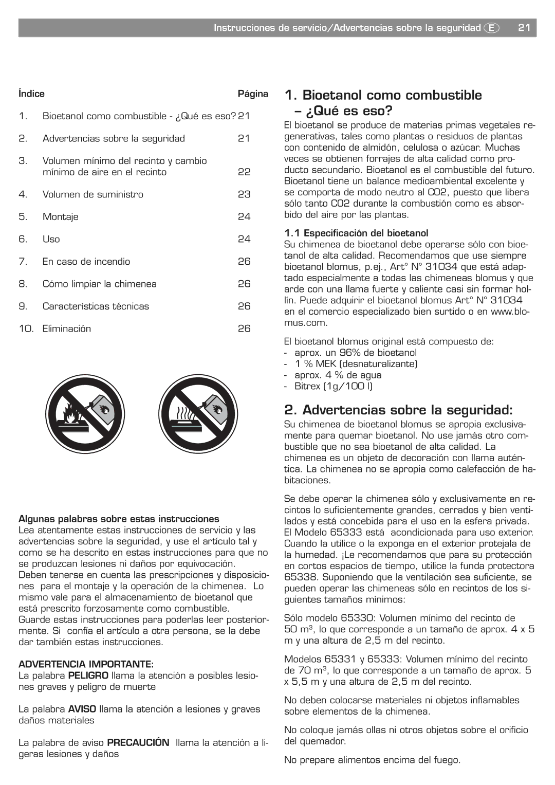 Blomus 65330 owner manual Bioetanol como combustible, ¿Qué es eso?, Advertencias sobre la seguridad, Advertencia Importante 