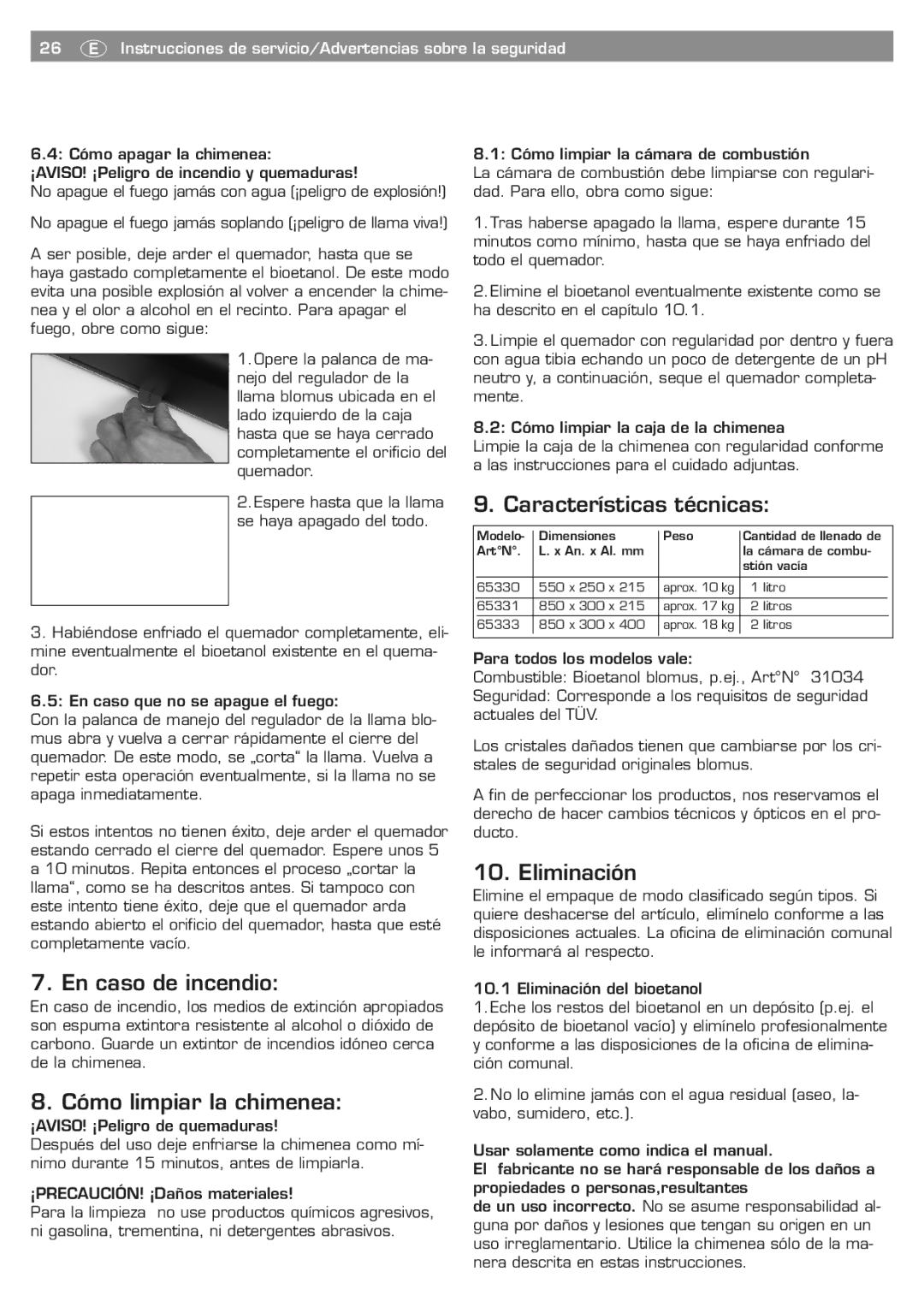 Blomus 65330 owner manual En caso de incendio, Cómo limpiar la chimenea, Características técnicas, Eliminación 