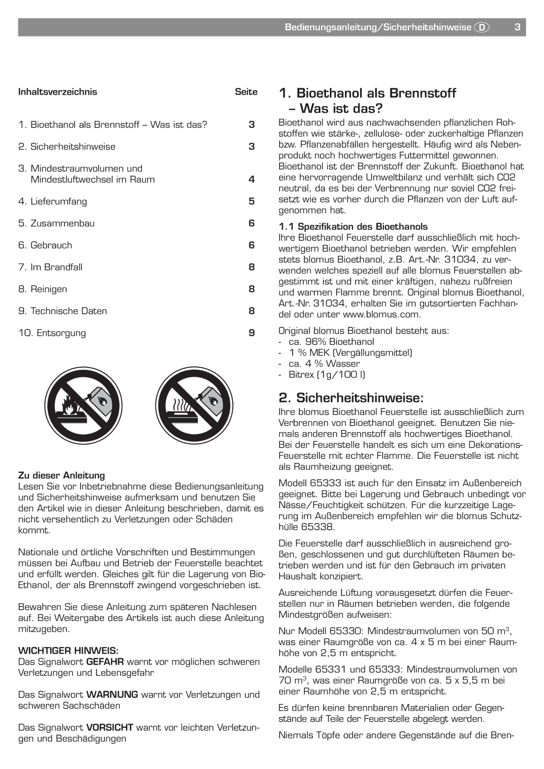 Blomus 65330 owner manual Bioethanol als Brennstoff Was ist das?, Sicherheitshinweise, Wichtiger Hinweis 