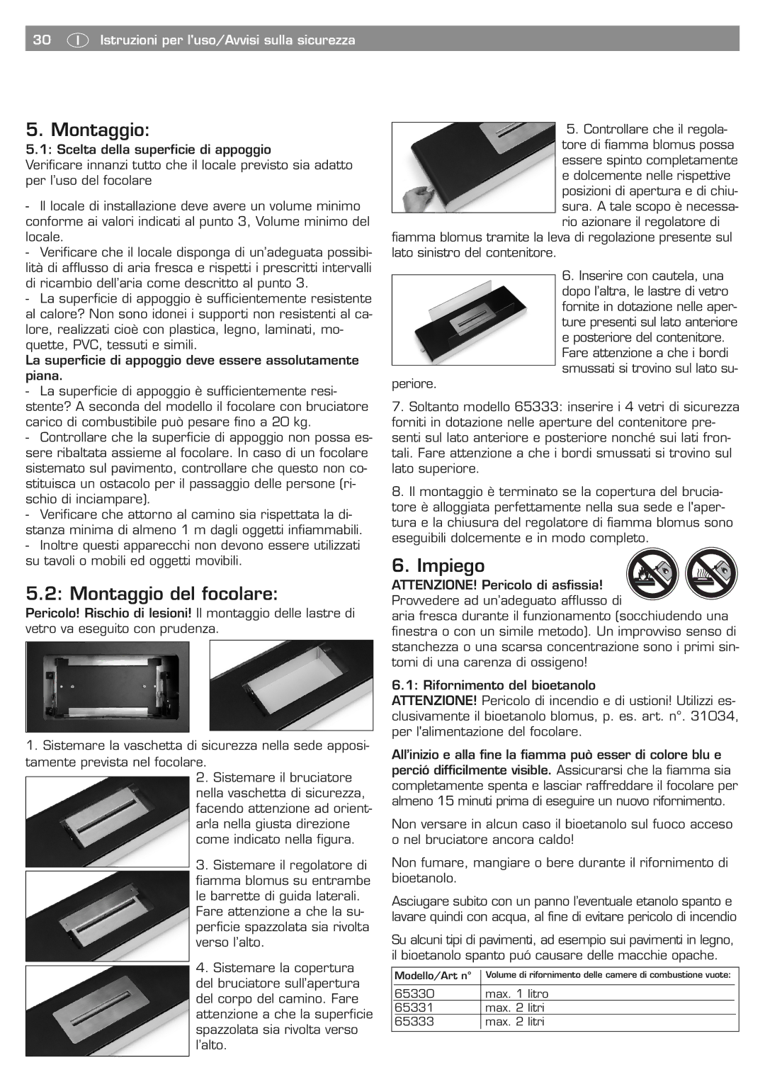 Blomus 65330 owner manual Montaggio del focolare, Impiego, 30 Ó Istruzioni per luso/Avvisi sulla sicurezza 