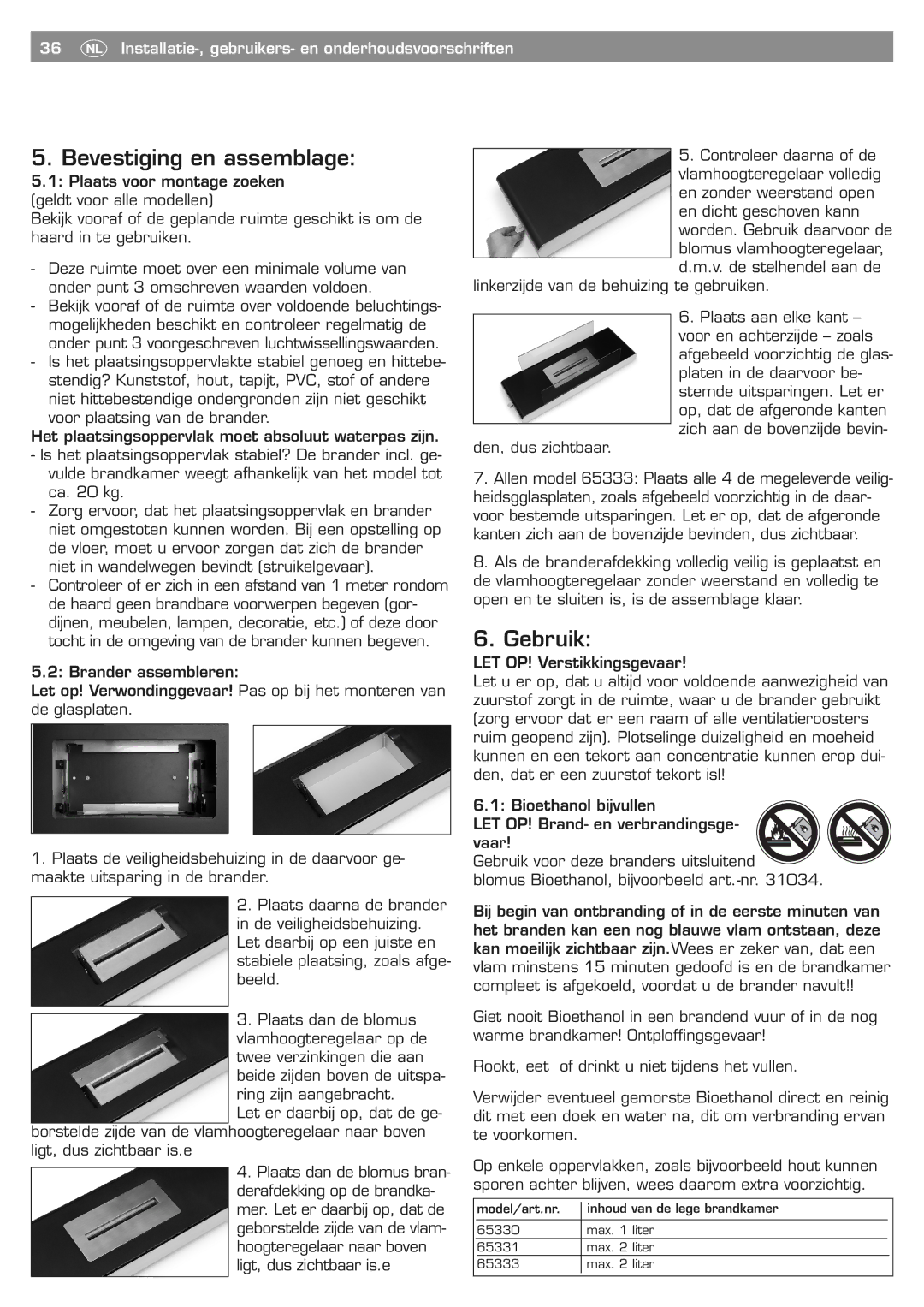 Blomus 65330 owner manual Bevestiging en assemblage, Gebruik, 36 ¾ Installatie-, gebruikers- en onderhoudsvoorschriften 