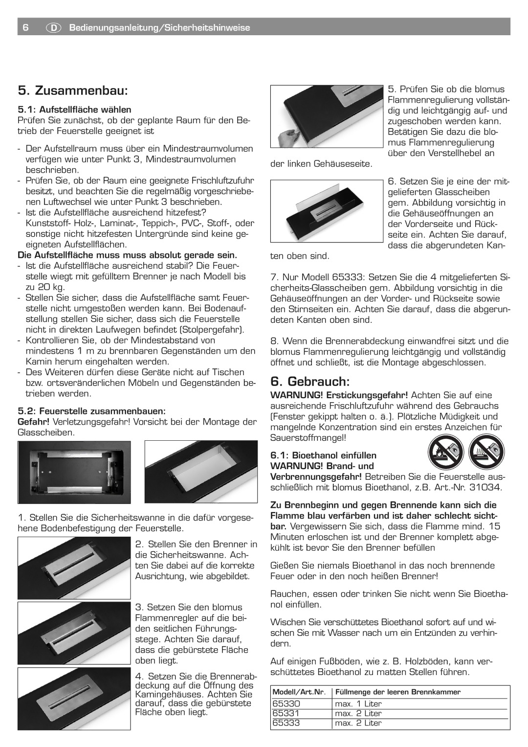 Blomus 65330 owner manual Zusammenbau, Gebrauch 