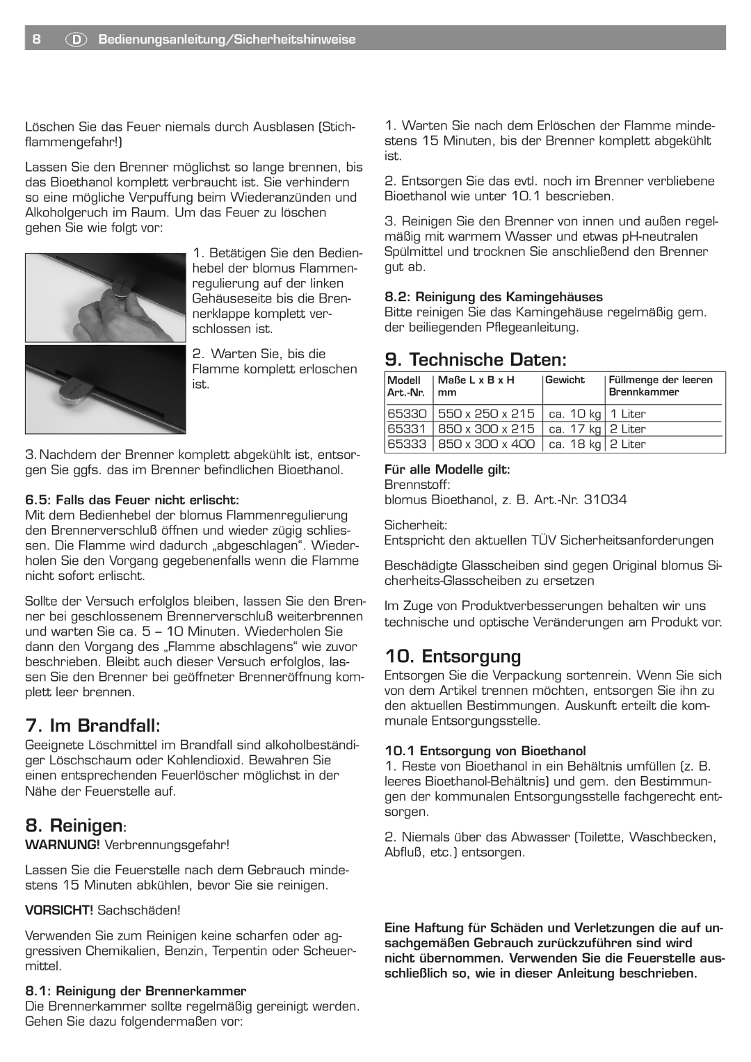 Blomus 65330 owner manual Im Brandfall, Reinigen, Technische Daten, Entsorgung 