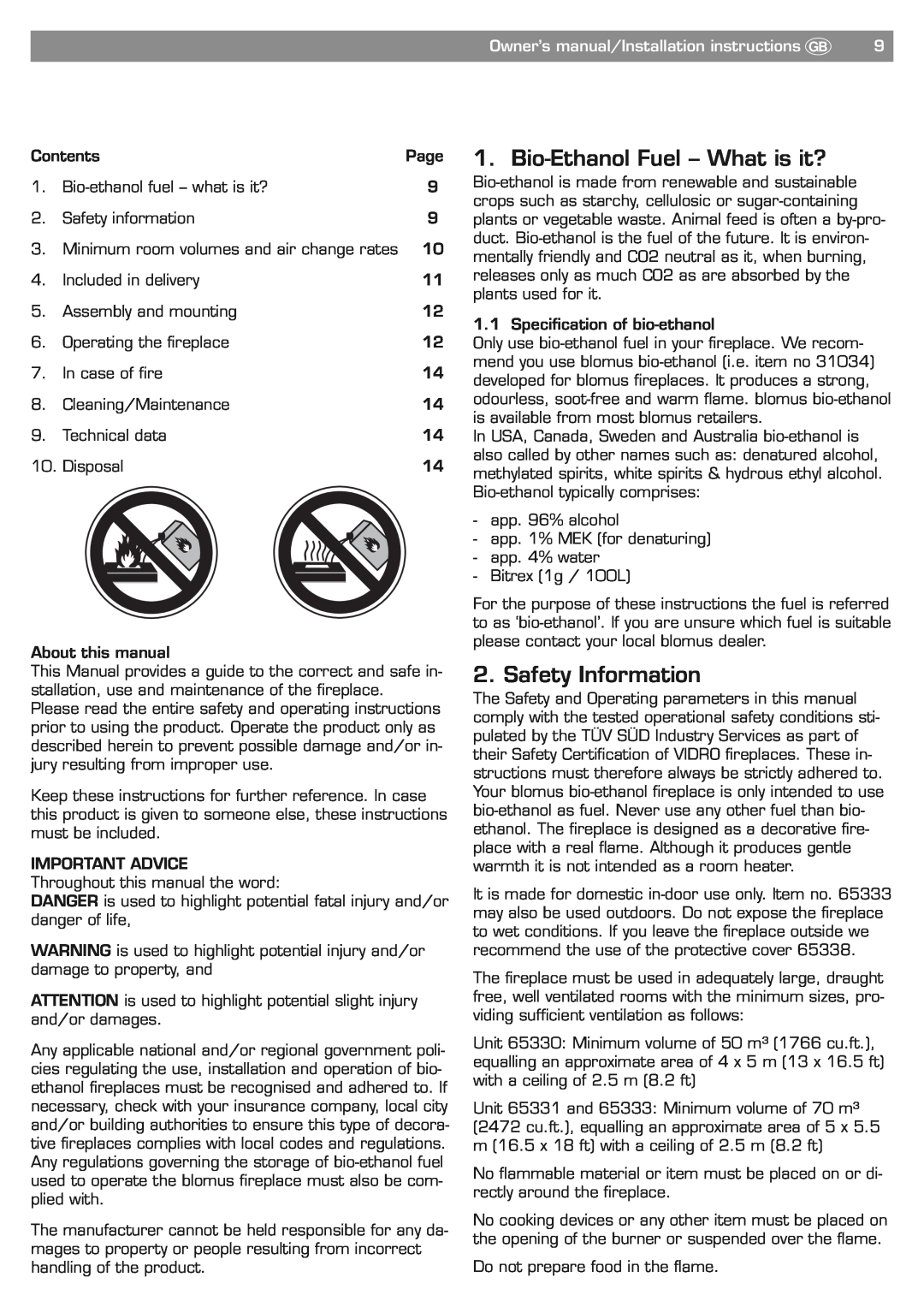 Blomus 65330 owner manual Page 1. Bio-EthanolFuel - What is it?, Safety Information 
